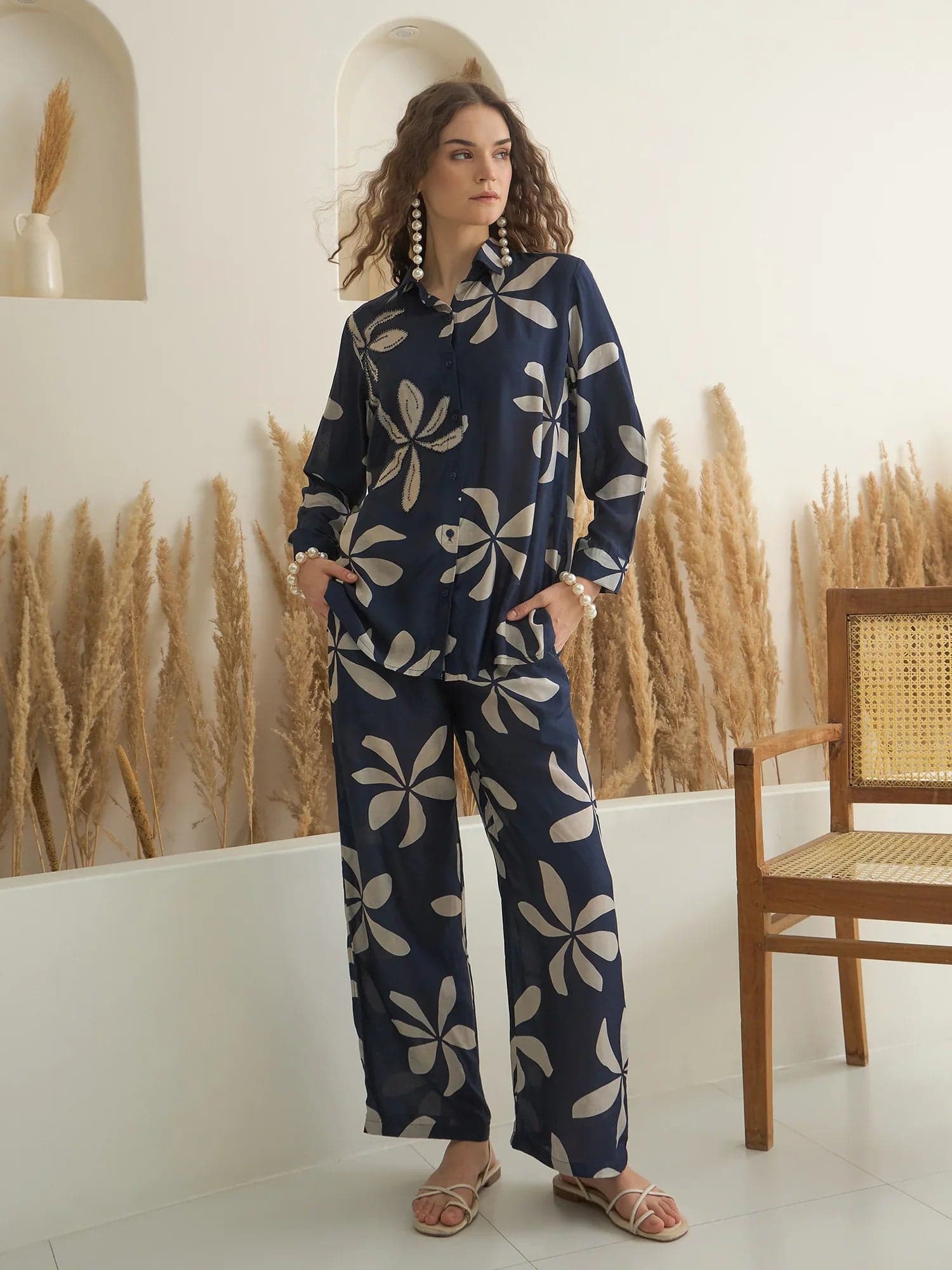 Navy Blue Viscose Rayon Shirt Collar Co-Ord Set For Women