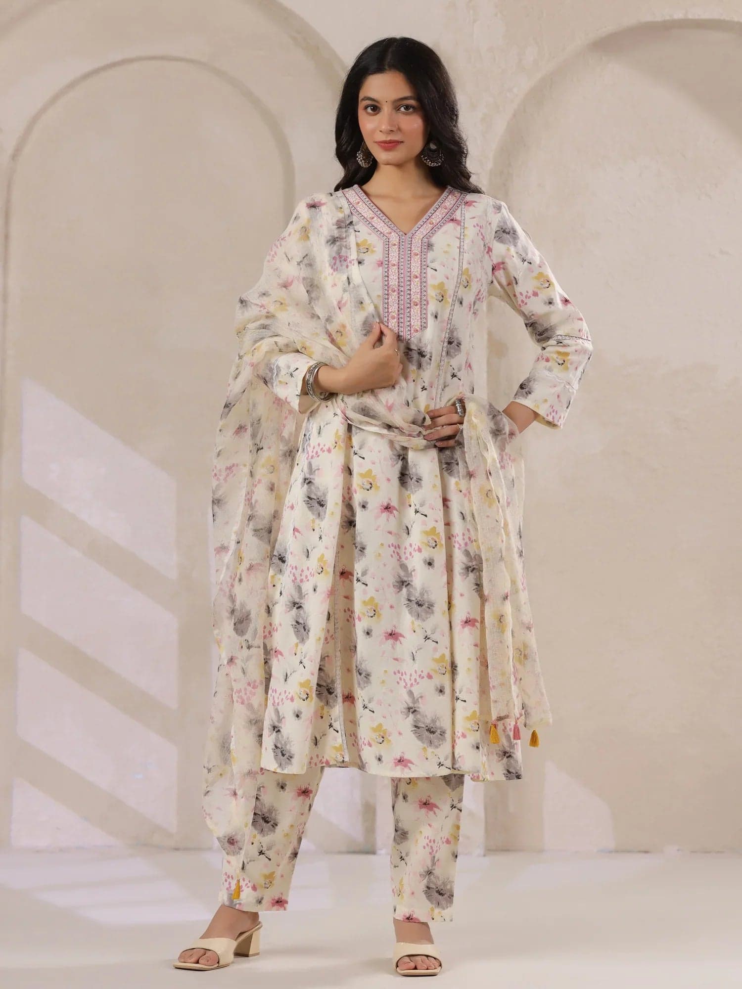 Off-White Cotton Floral Printed Anarkali Kurta With Dupatta Set