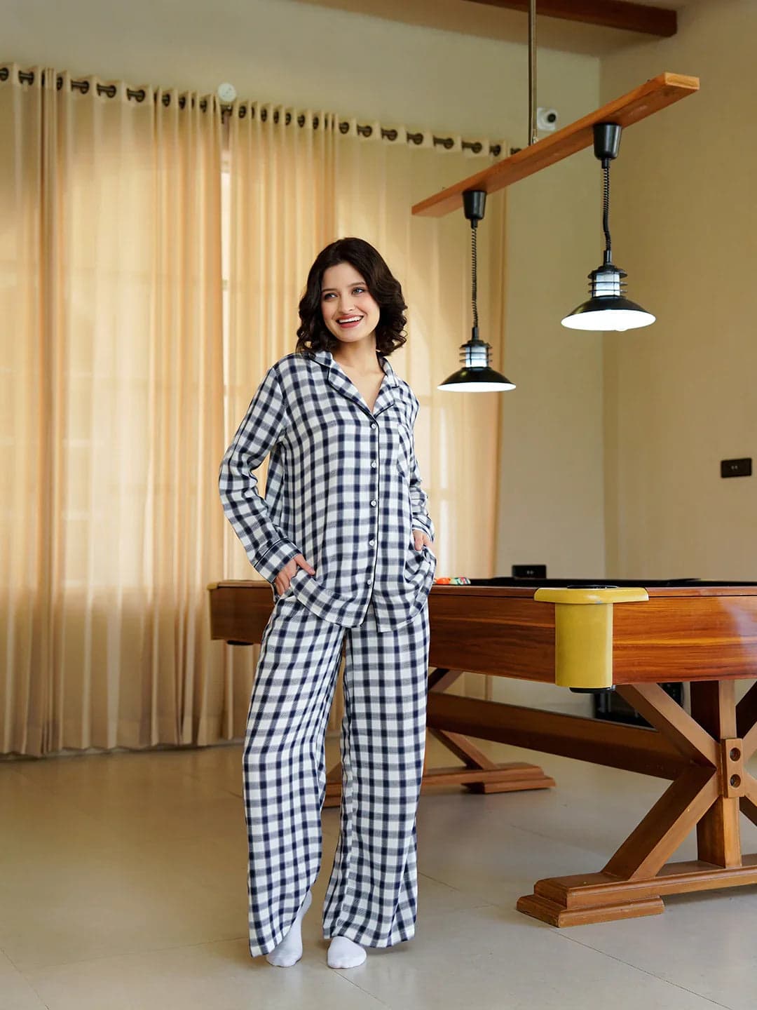 Blue Lapel Collar Pure Cotton Checked Winter Night Suit For Women