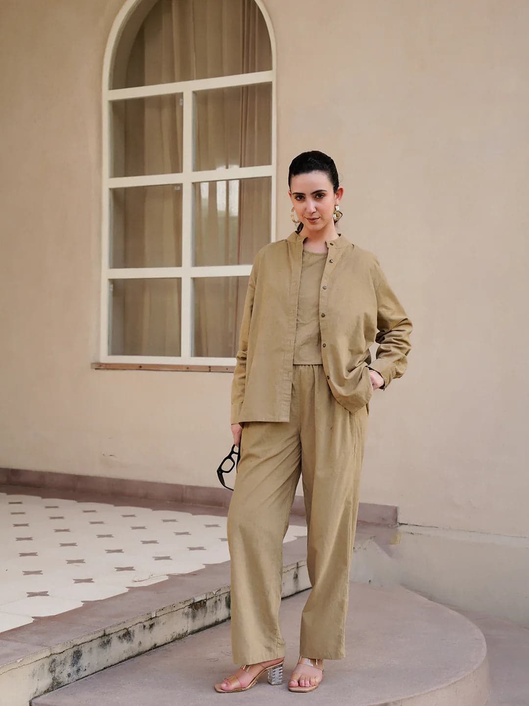 Beige Mandarin Collar Cotton Blend Solid Night Suit For Women