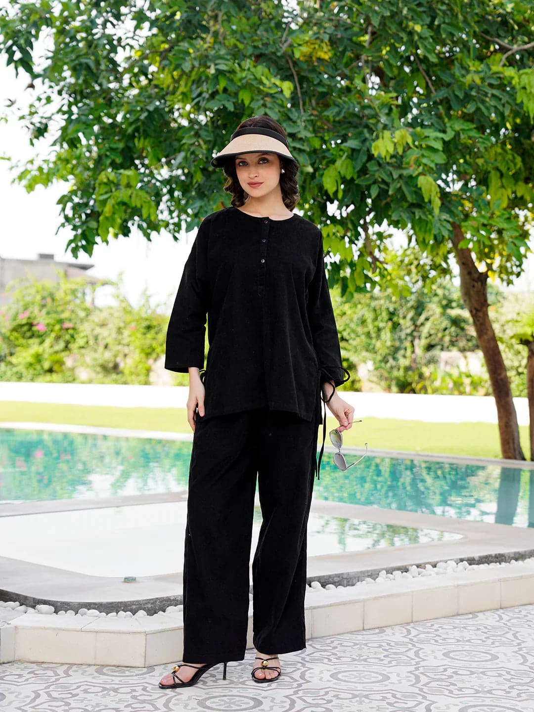 Black Round Neck Corduroy Solid Night Suit For Women