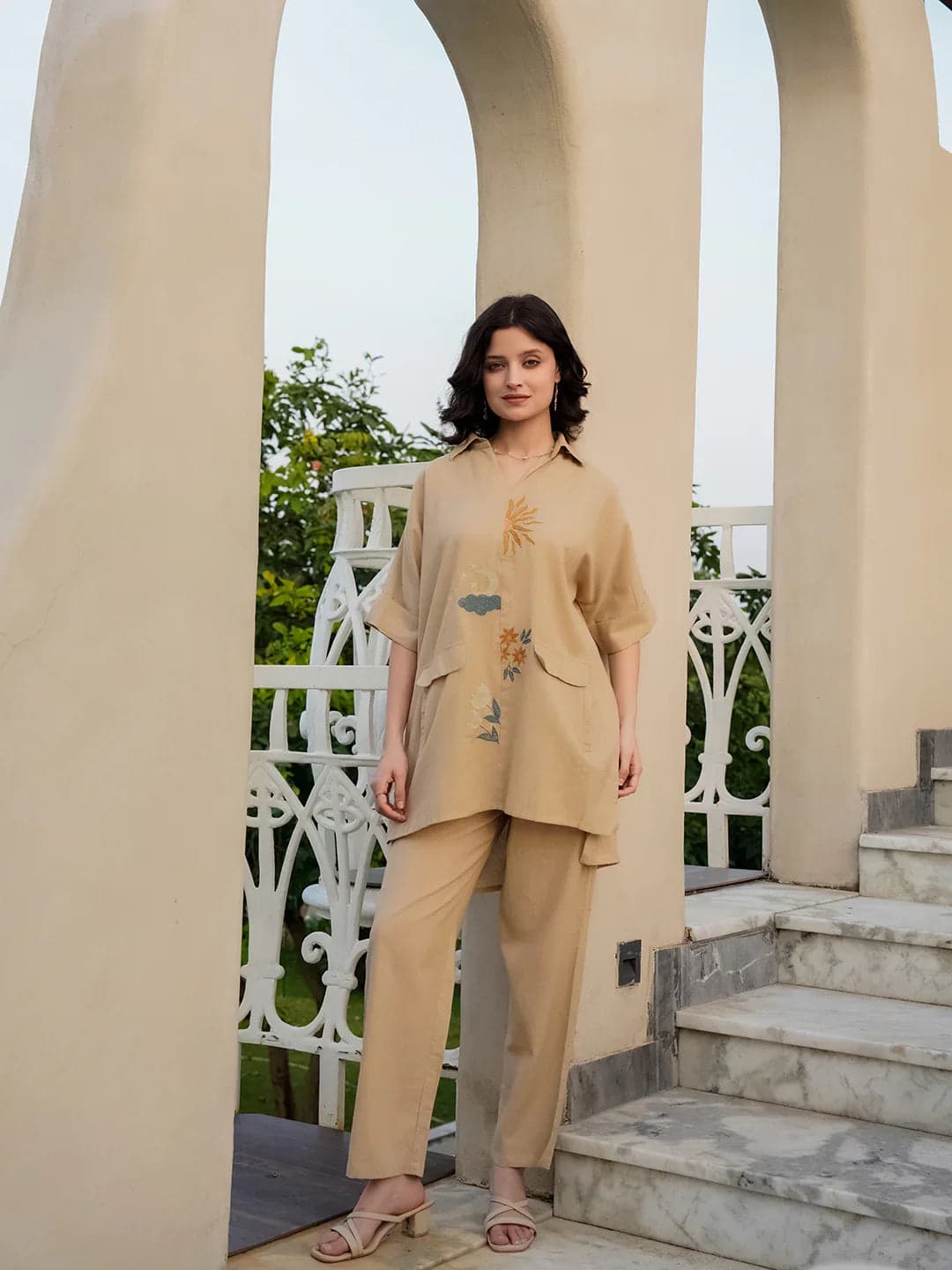 Beige Linen Embroidered Shirt Collar Co-Ords Set For Women