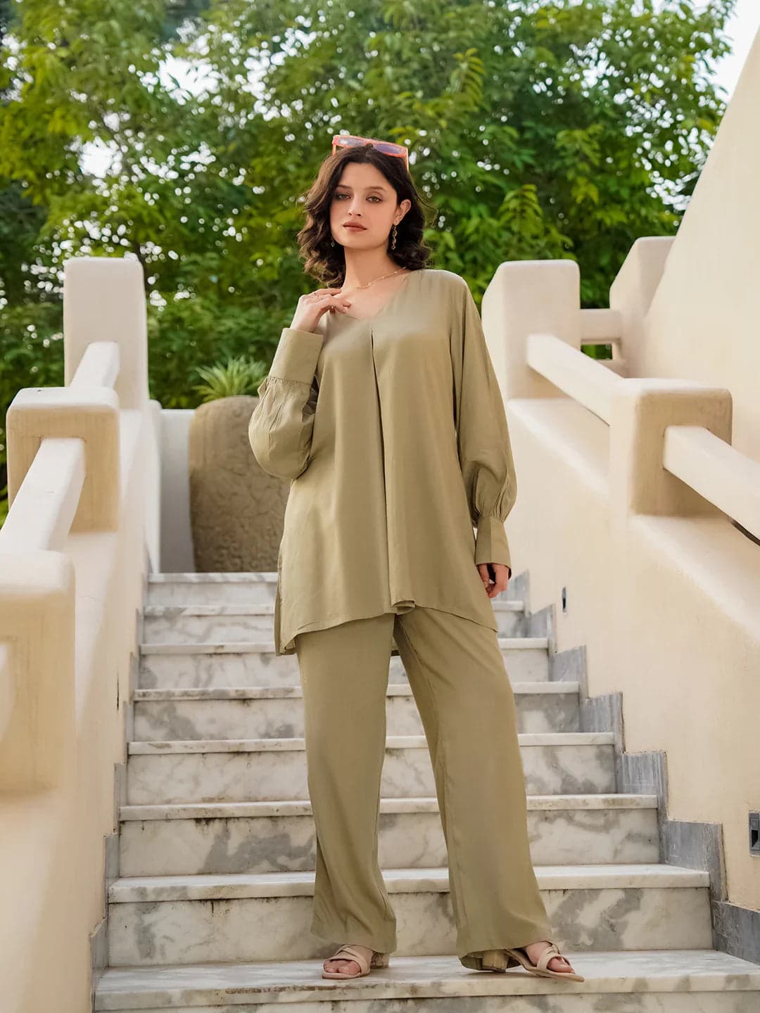 Beige Viscose Rayon Solid V-Neck Co-Ords Set For Women