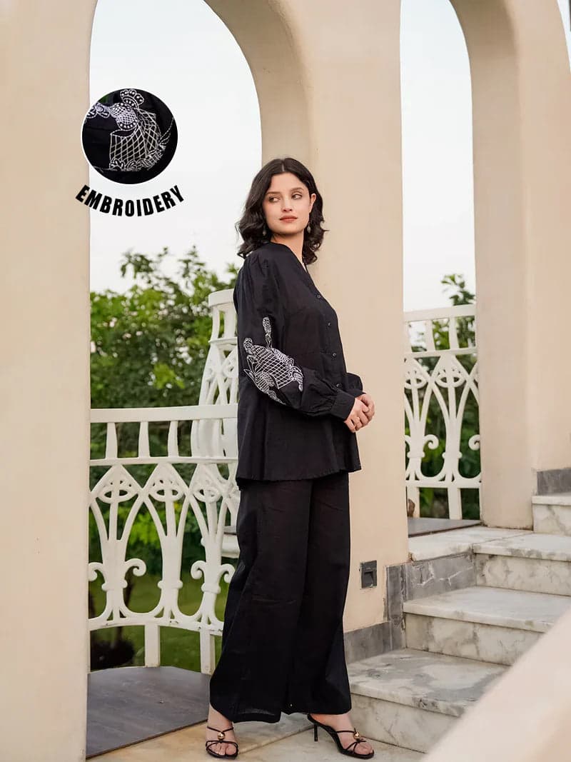 Black Pure Cotton Solid Mandarin Collar Co-Ords Set For Women