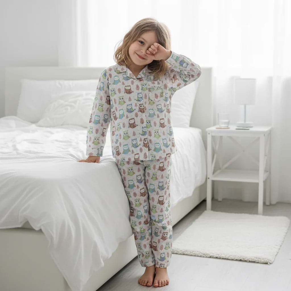 White Abstract Printed Pure Cotton Shirt Collar Night Suit For Kids