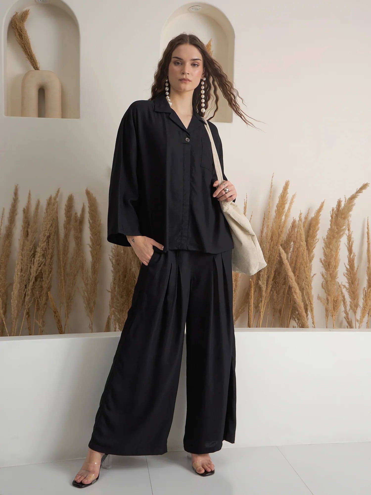 Black Solid Shirt Collar Co-Ord Set For Women