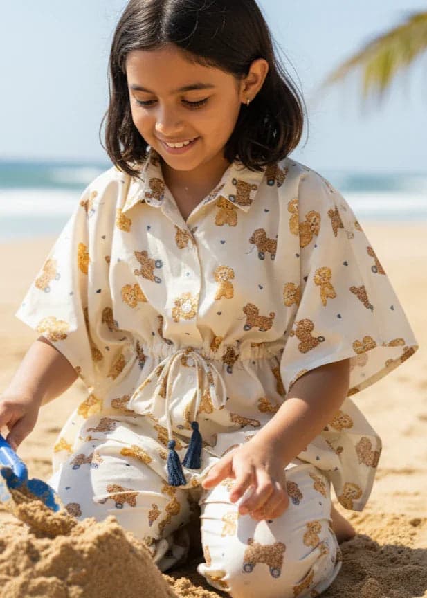 Beige Teddy Print Cotton Night Suit Set For Kids
