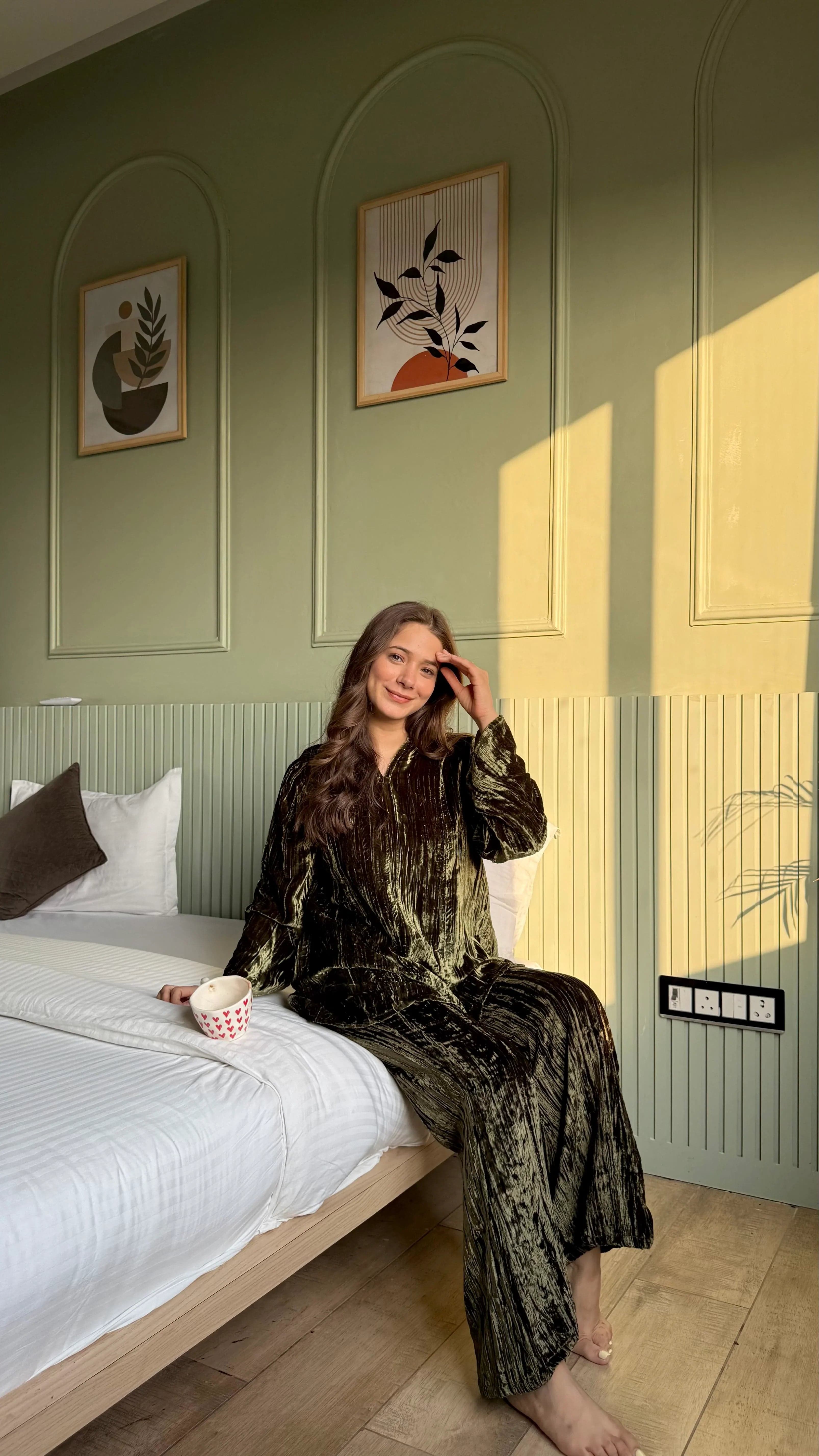 Olive Color V-Neck Night Suit Set For Women