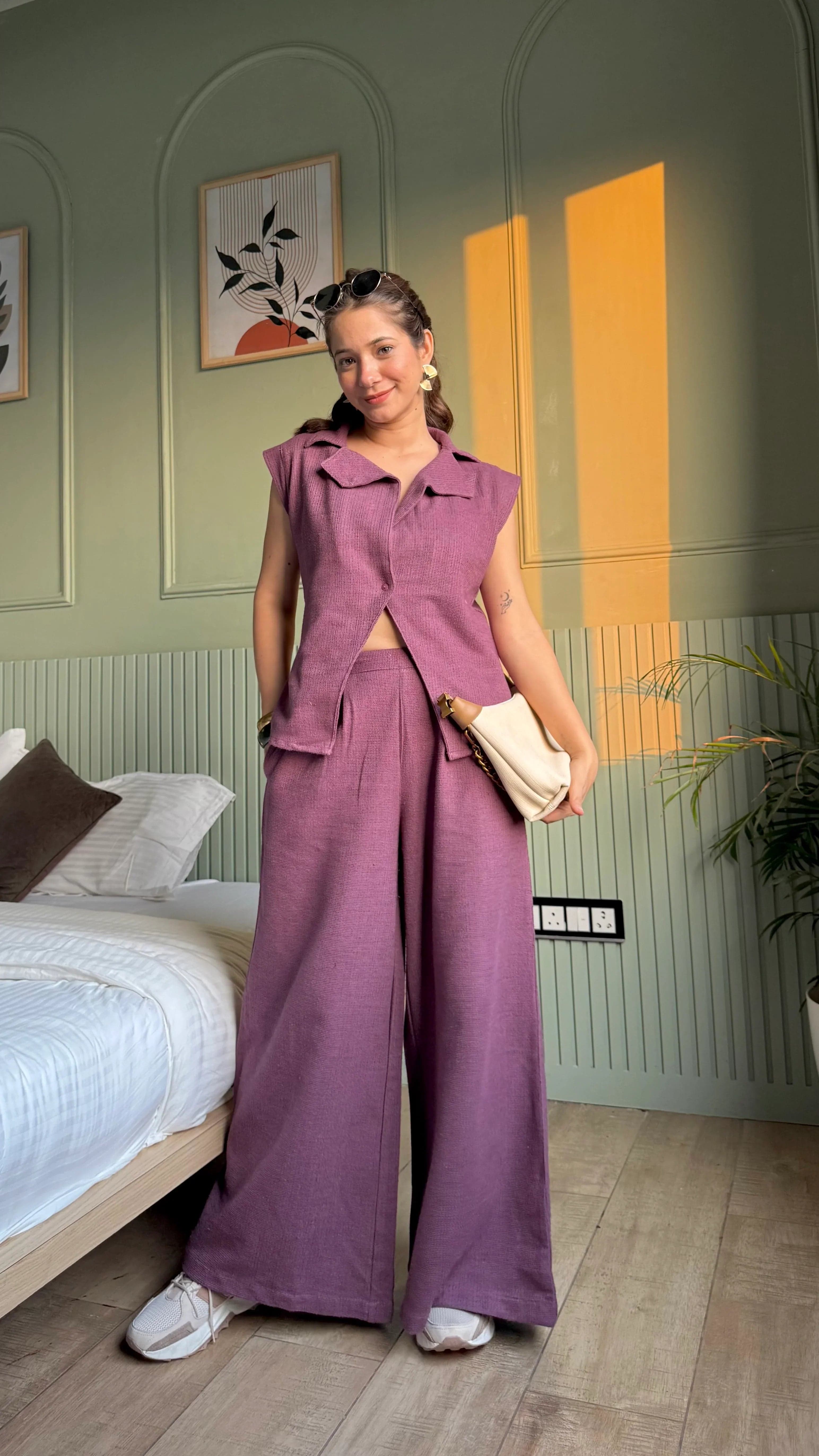 Magenta Shawl Neck Cotton Blend Solid Co-Ords Set