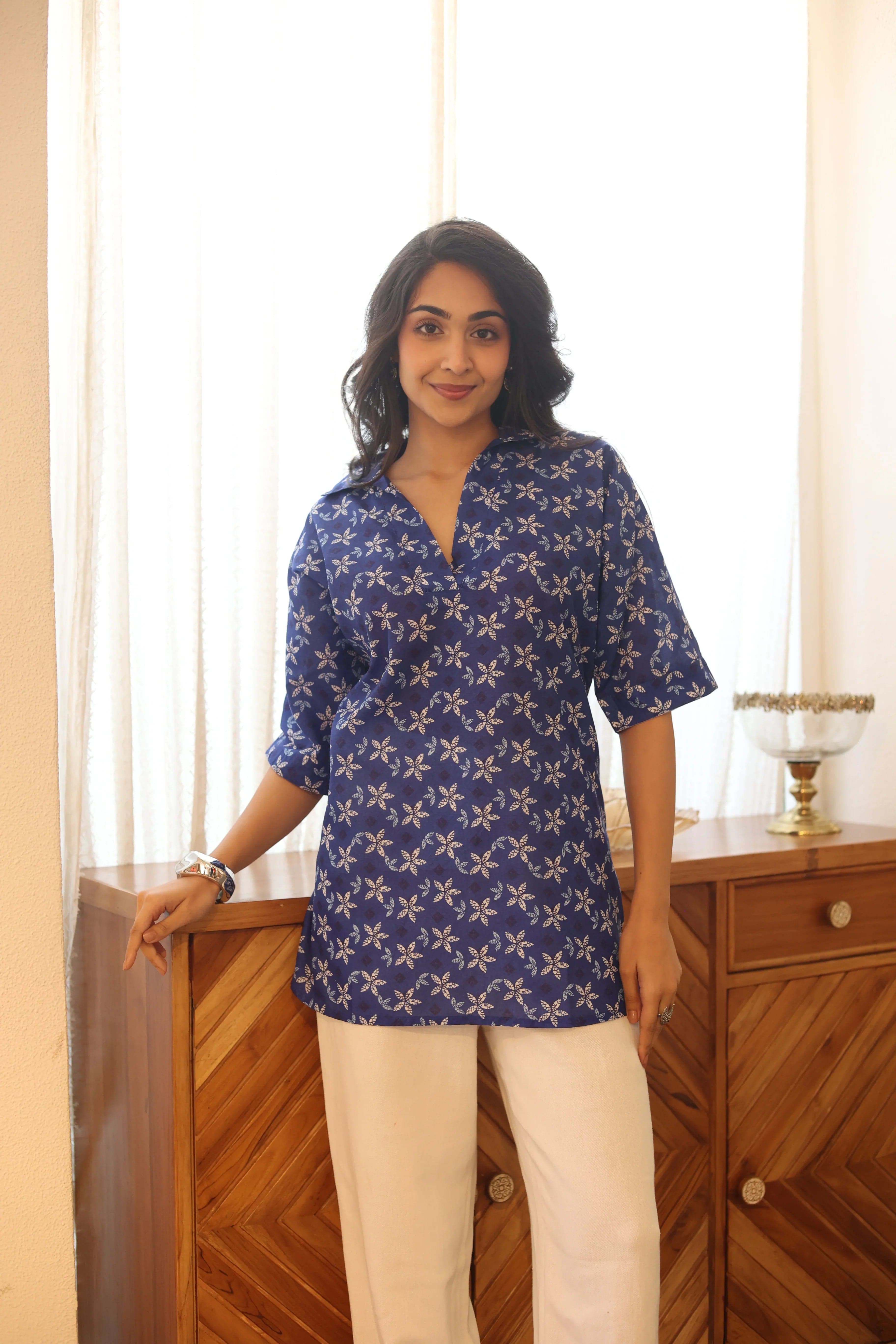 Blue Floral Print Cotton Shirt Collar Top For Women