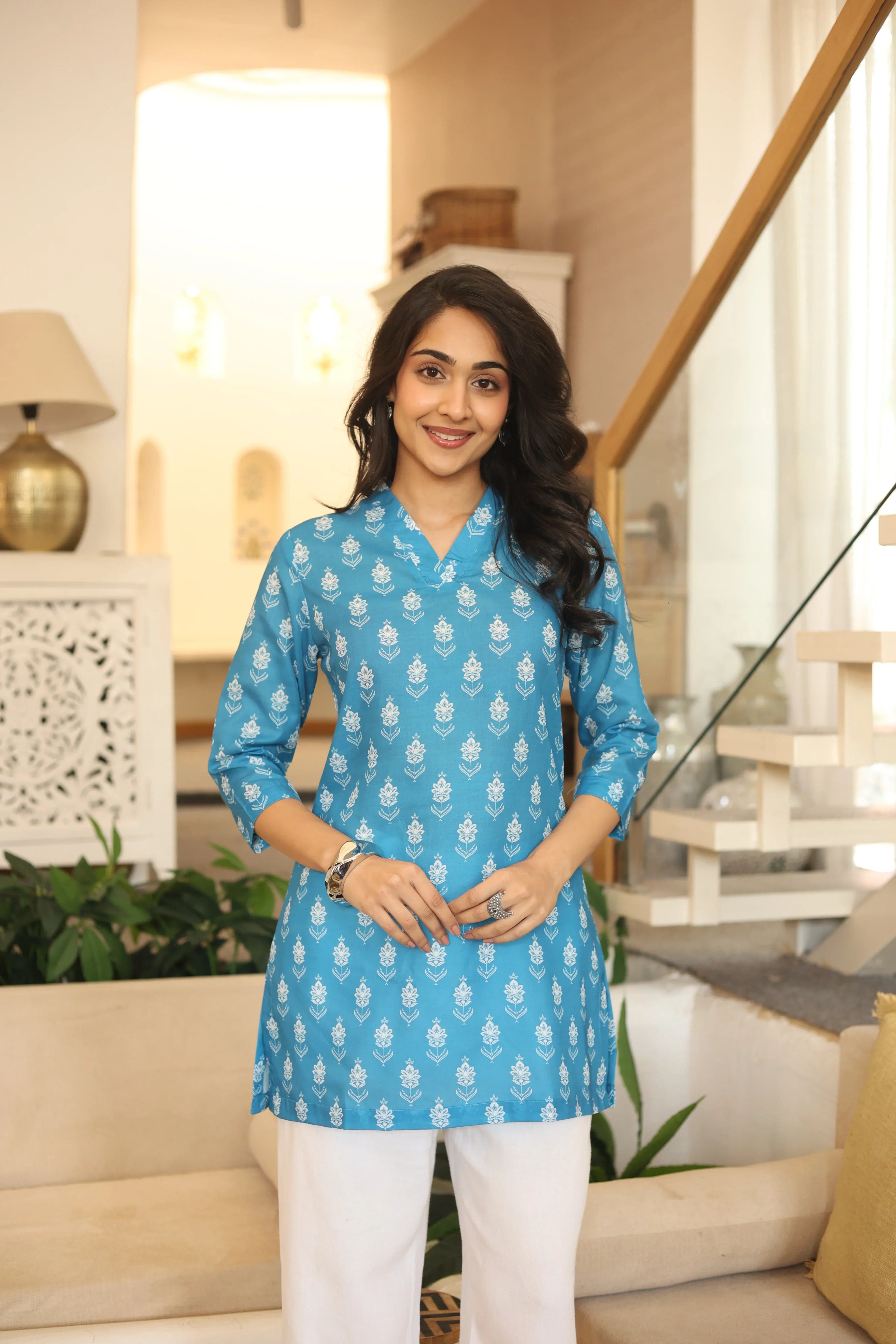 Blue Solid Cotton V-Neck Top For Women