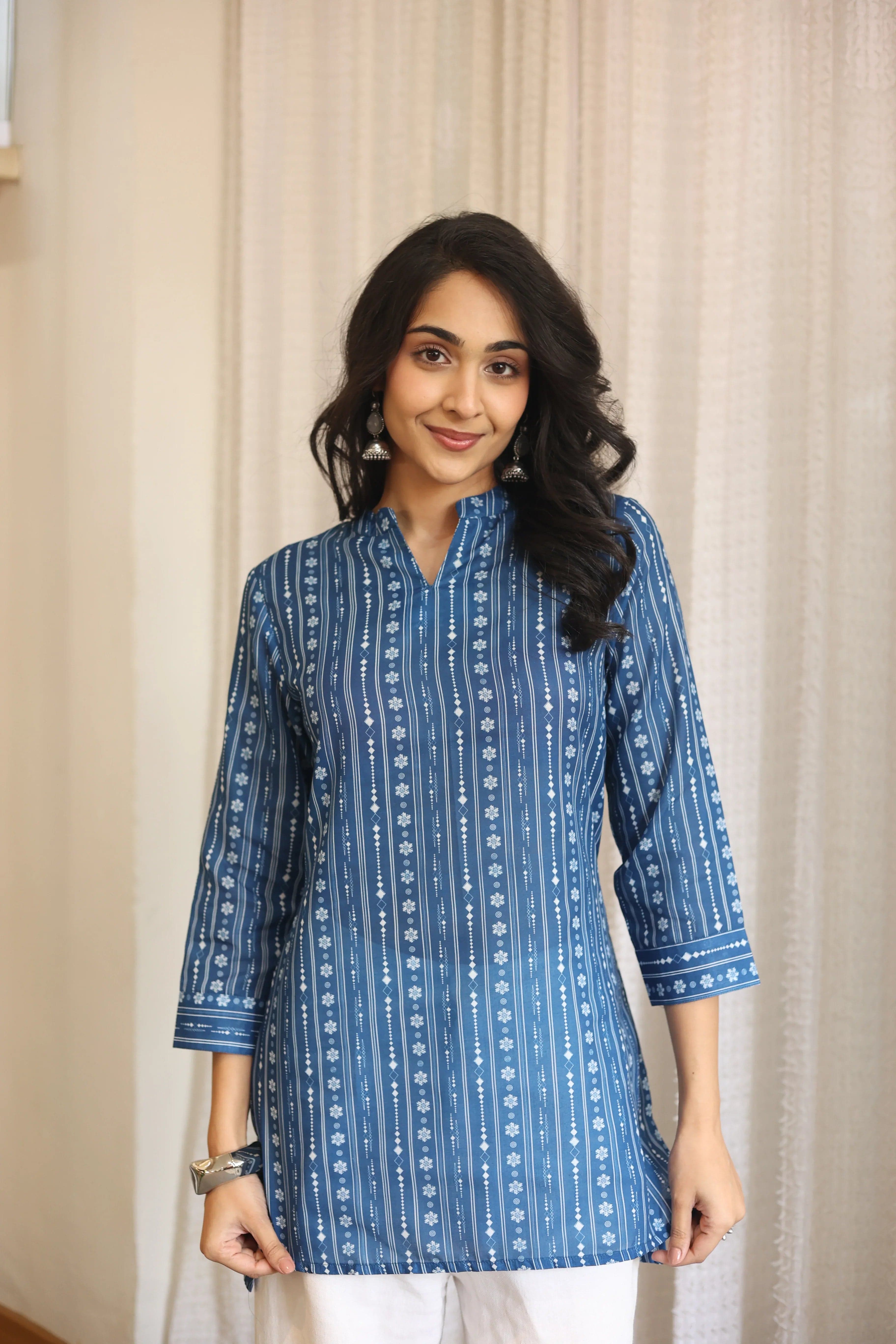 Blue Floral Print Cotton Round Neck Top For Women
