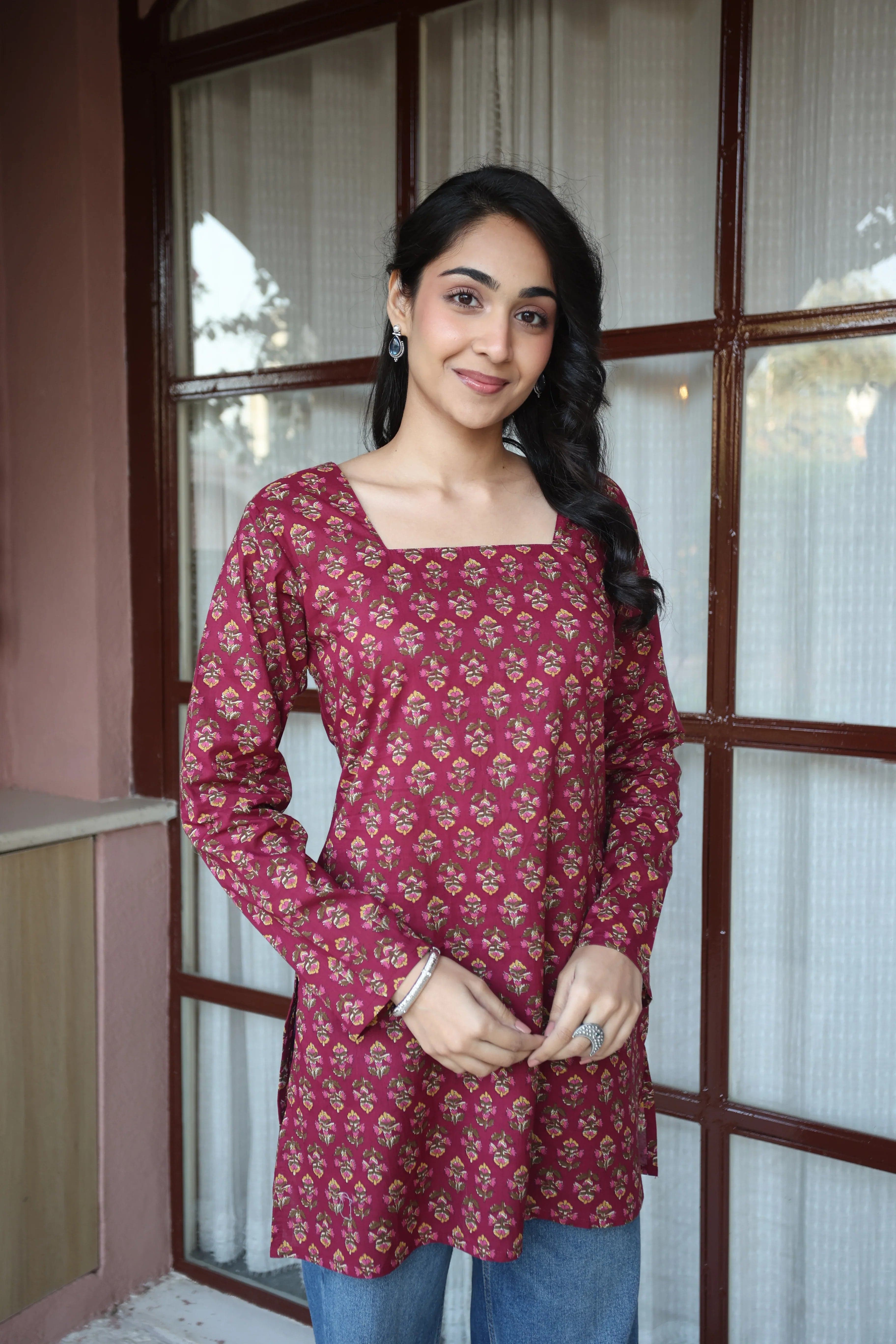 Maroon Floral Print Cotton Square Neck Top For Women