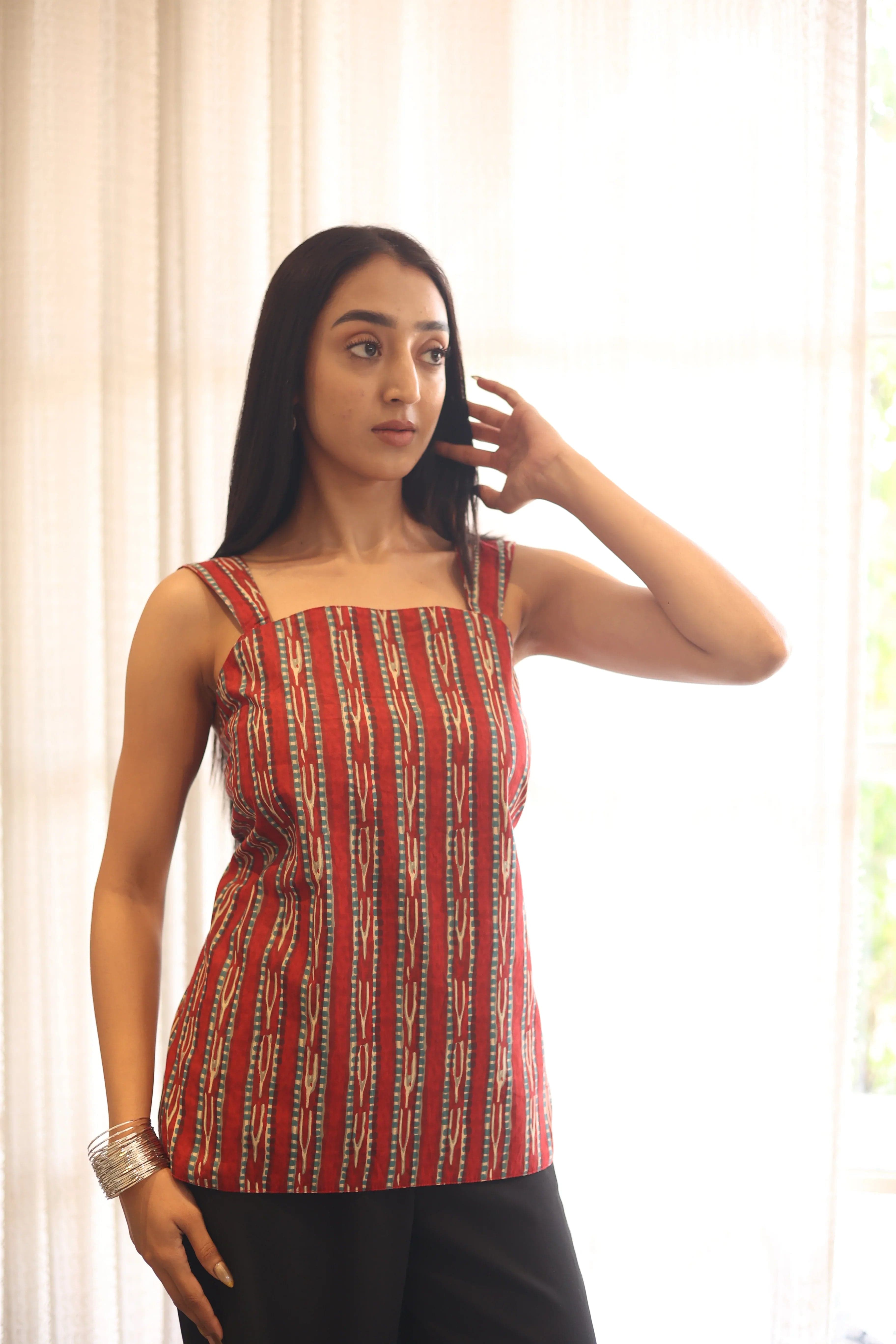 Red Printed Cotton Square Neck Top For Women