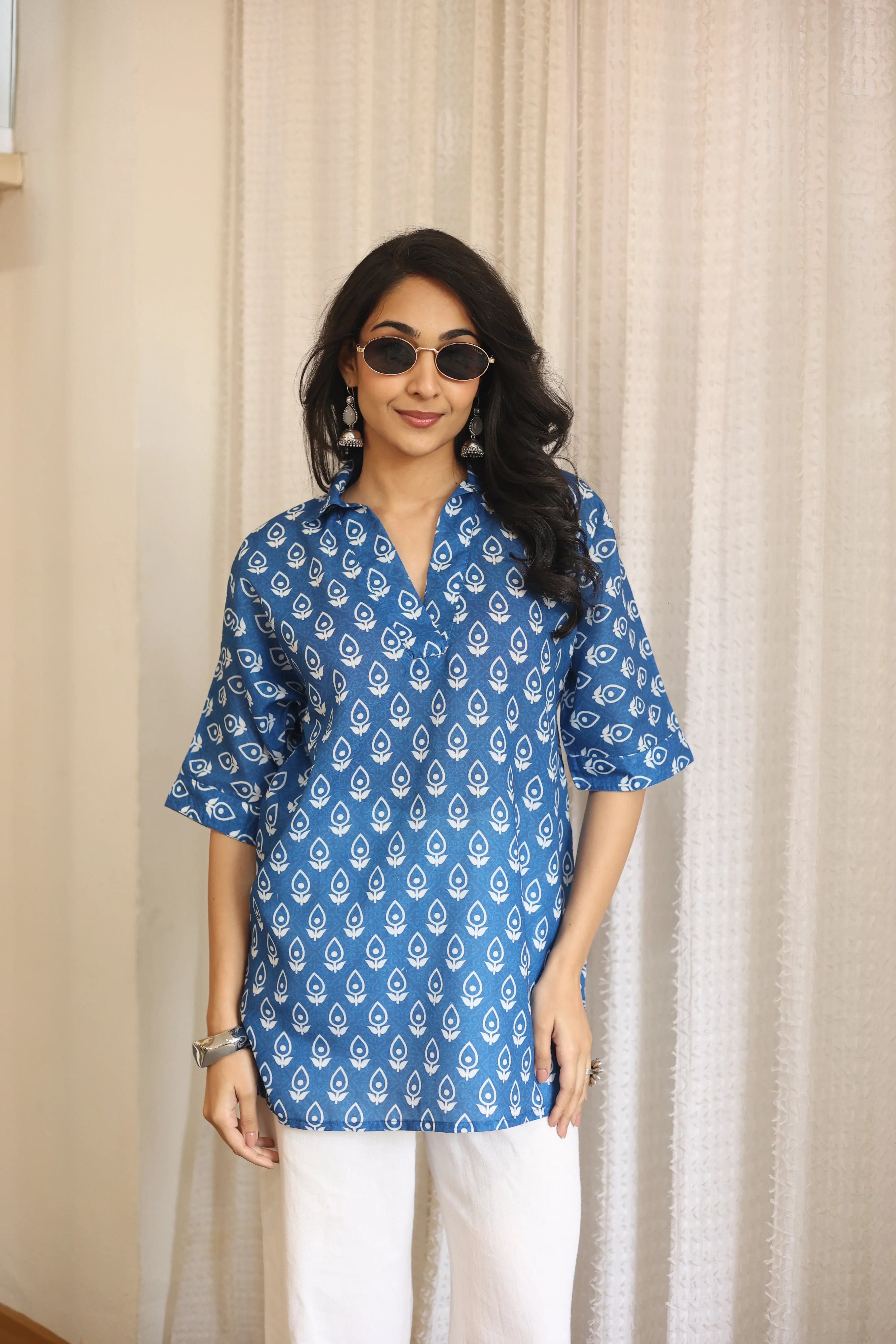 Blue Floral Print Cotton Shirt Collar Top For Women