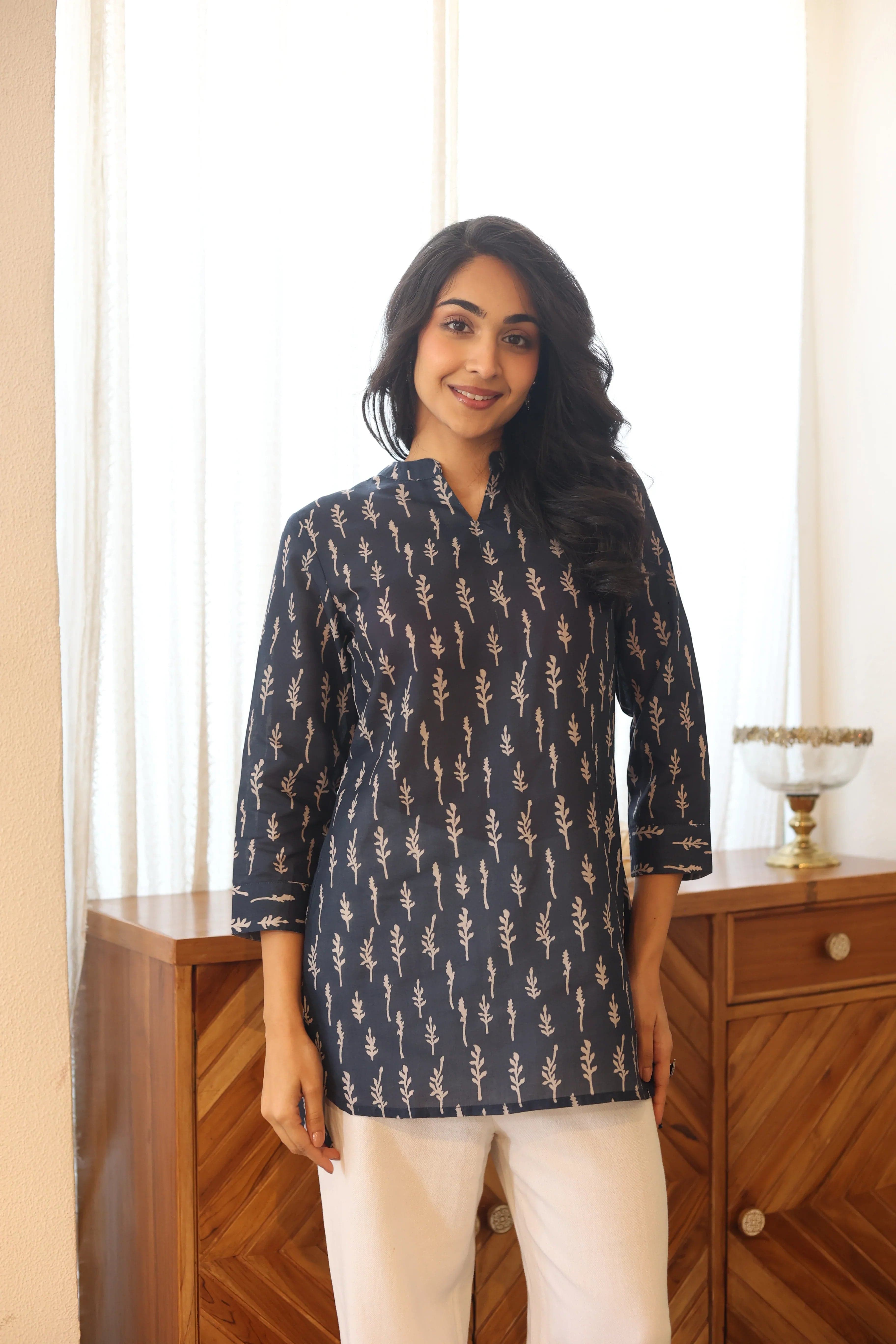 Blue Floral Print Cotton Mandarin Collar Top For Women