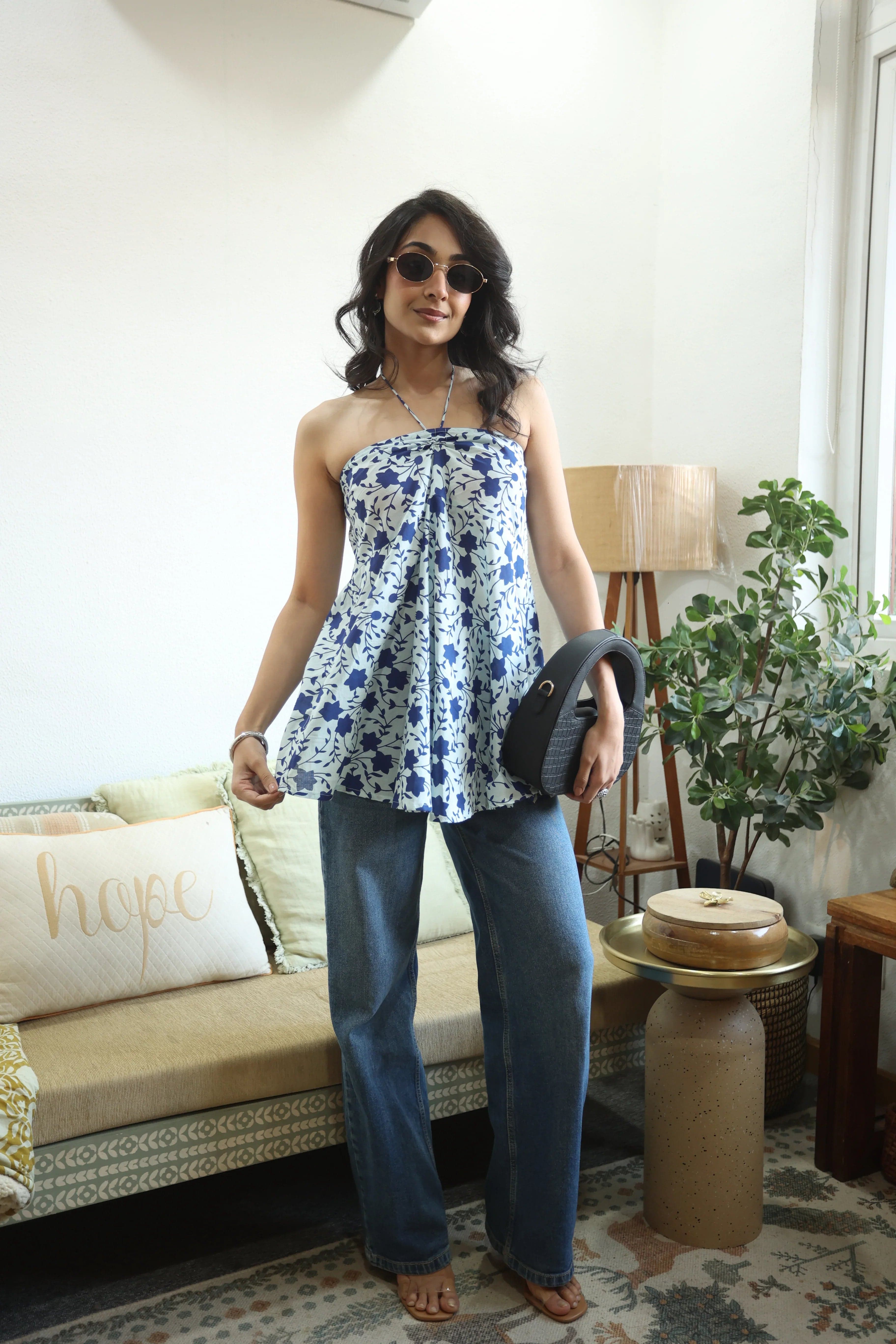 Blue Floral Print Cotton Tie-Up Neck Top For Women