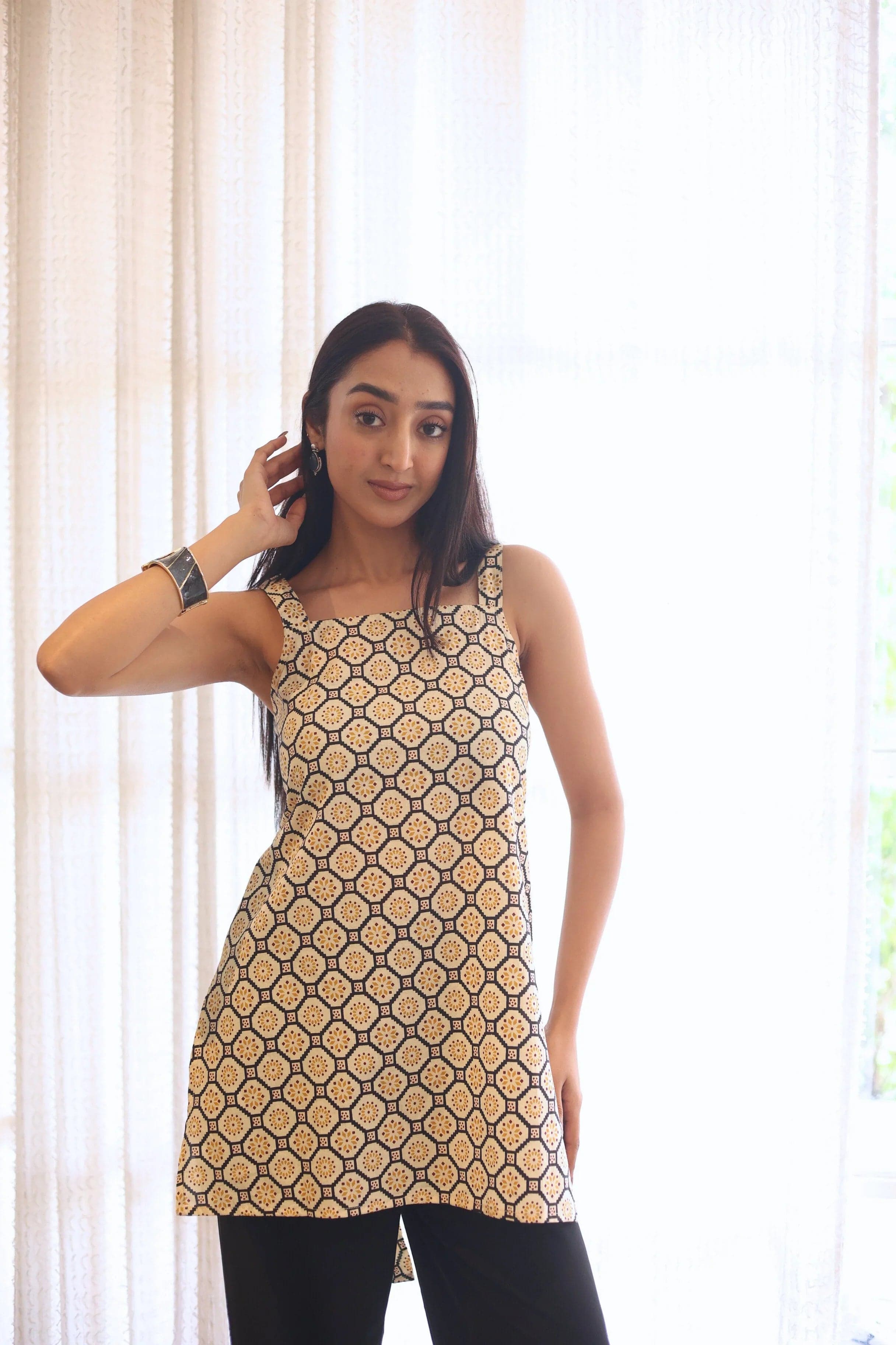 Beige Abstract Print Cotton Square Neck Top For Women