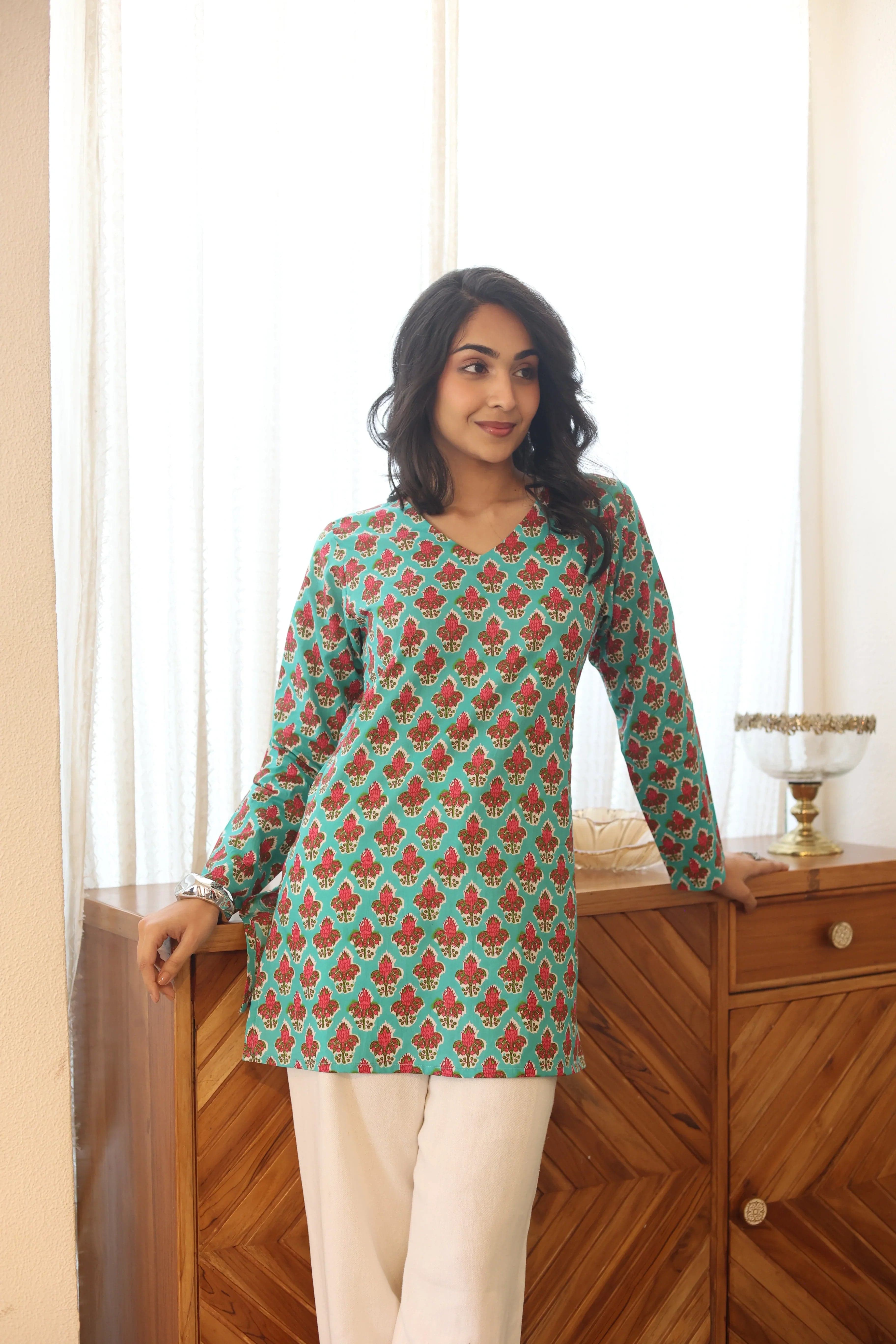 Sea Green Floral Print Cotton V-Neck Top For Women
