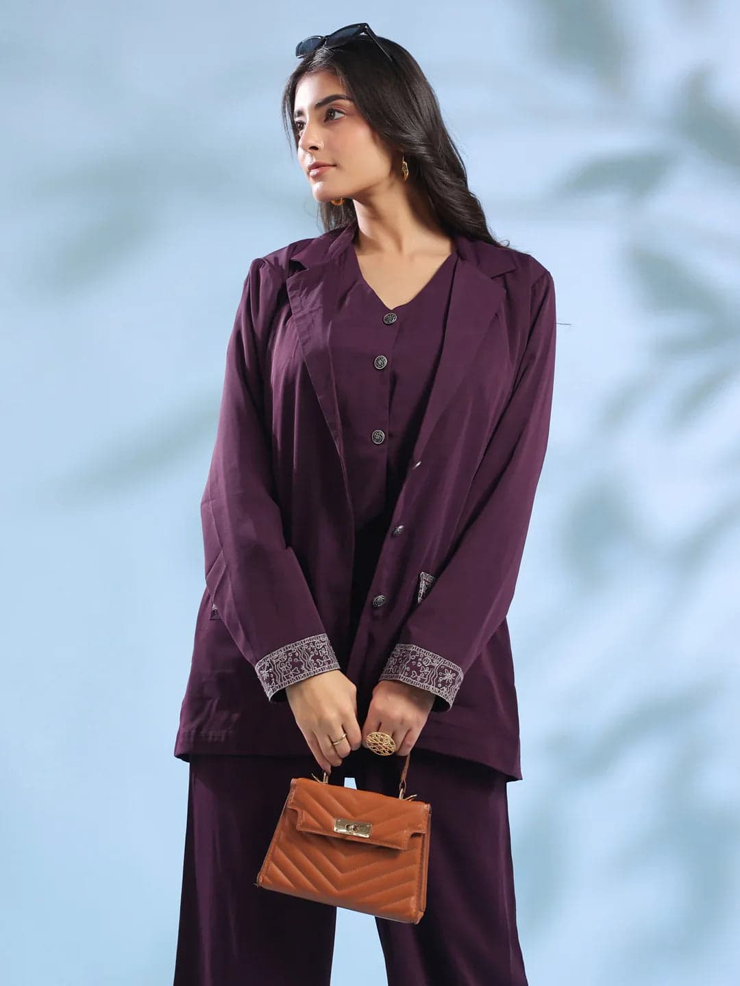 Purple Solid Shirt Collar Polyester Co-Ord Set For Women