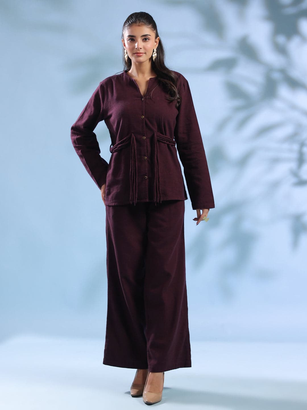 Purple Solid Round Neck Pure Cotton Co-Ord Set For Women