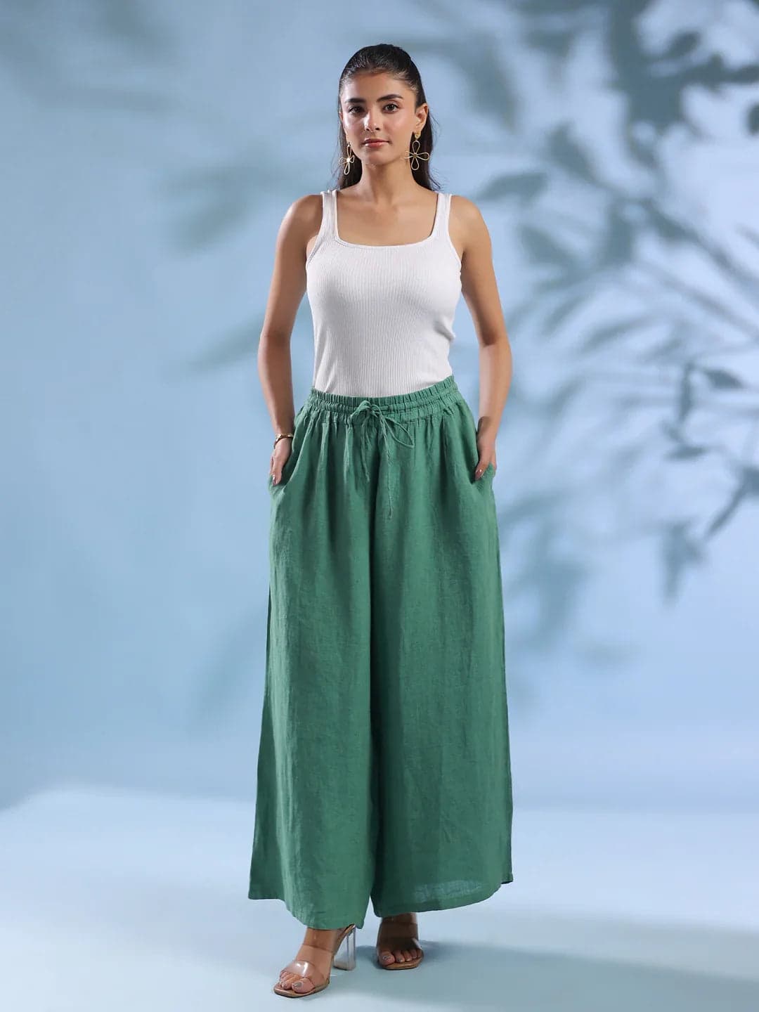 Green Solid Drawstring Linen Lounge Pants For Women