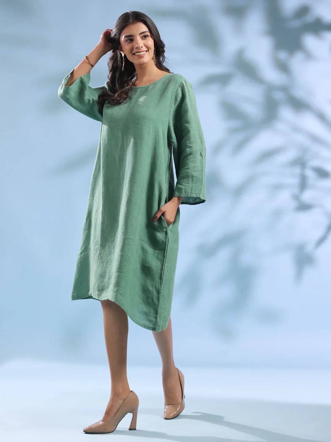 Green Solid Linen Round Neck Dress For Women
