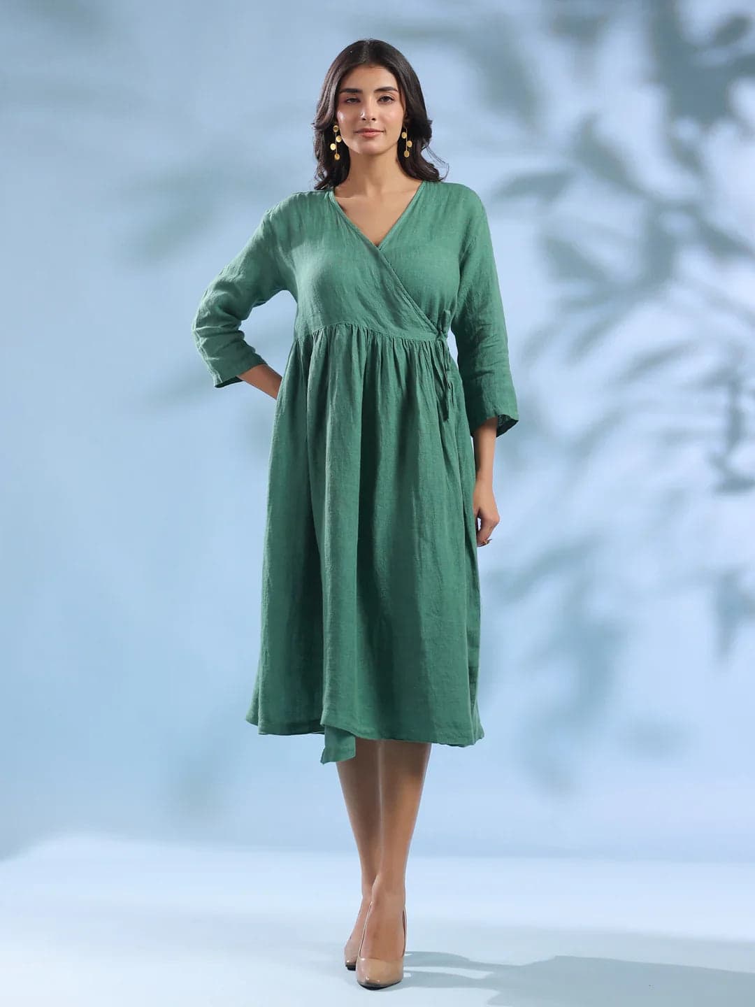 Green Solid Linen V-Neck Dress For Women