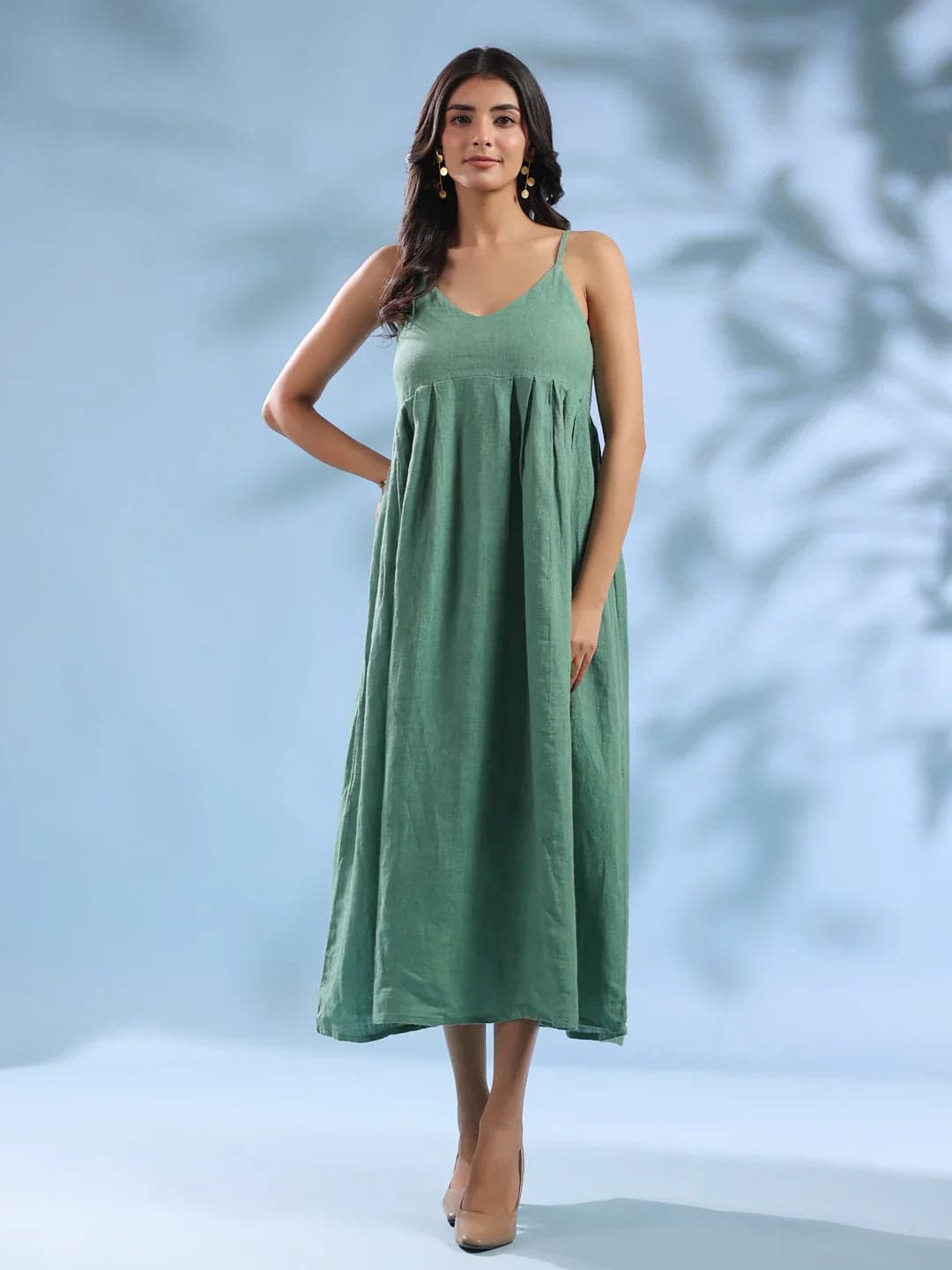 Green Dyed Linen V-Neck Dresses For Women