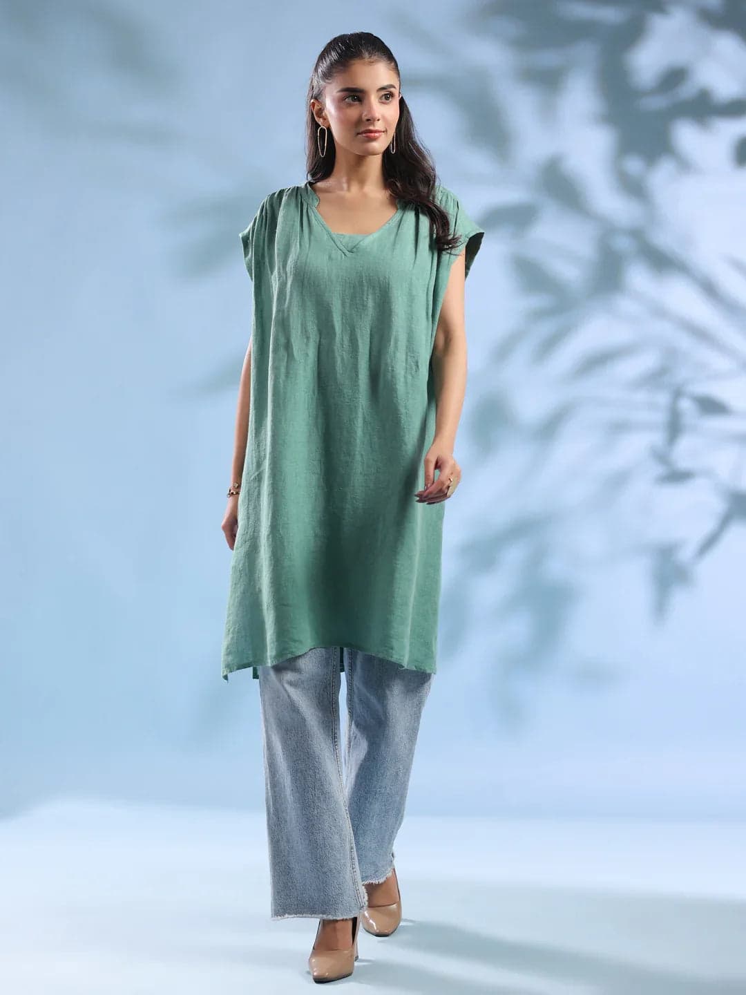 Green Solid Print Linen V-Neck Dresses For Women