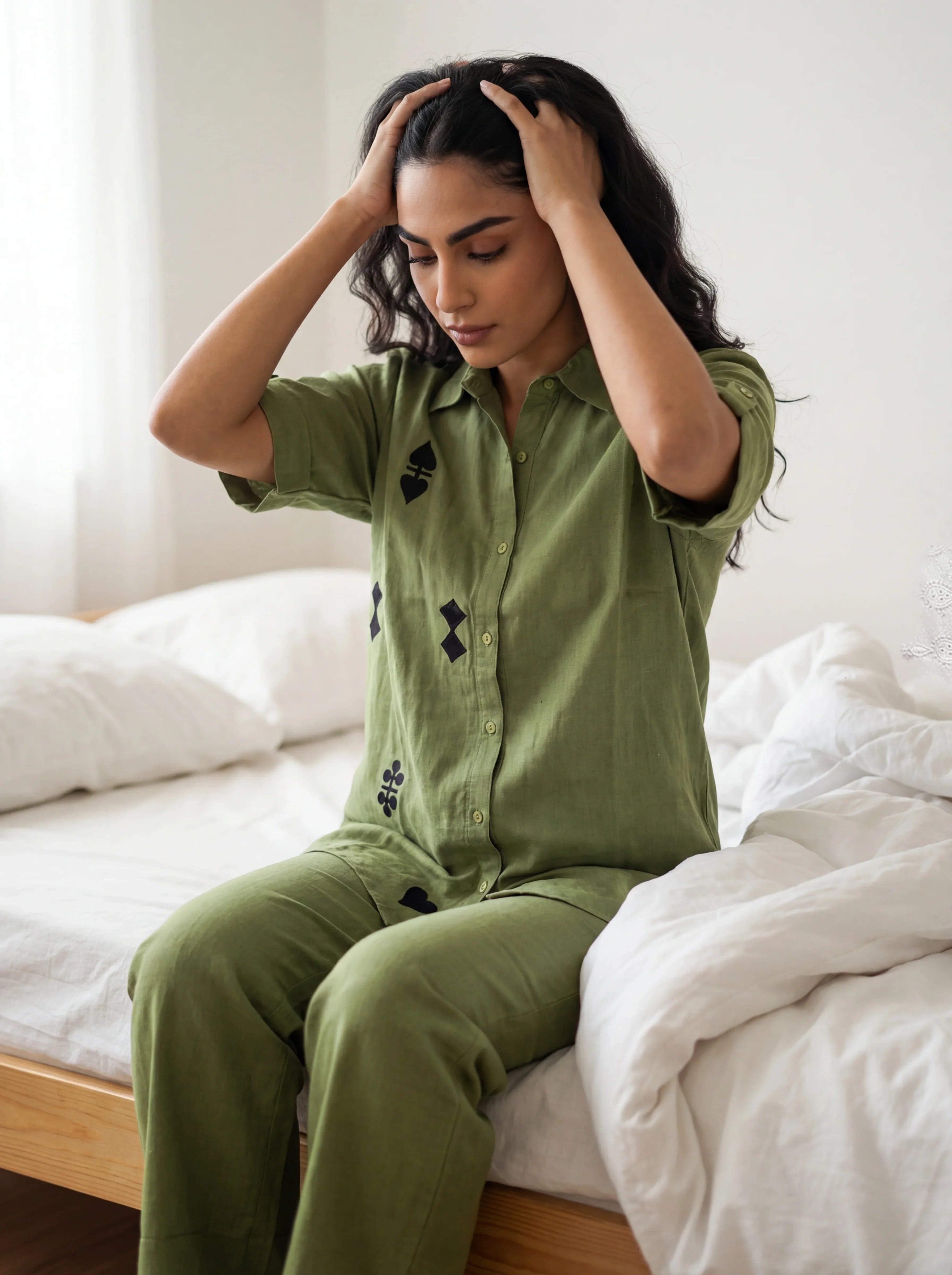 Green Color Shirt Collar Cotton Co-Ords Set For Women