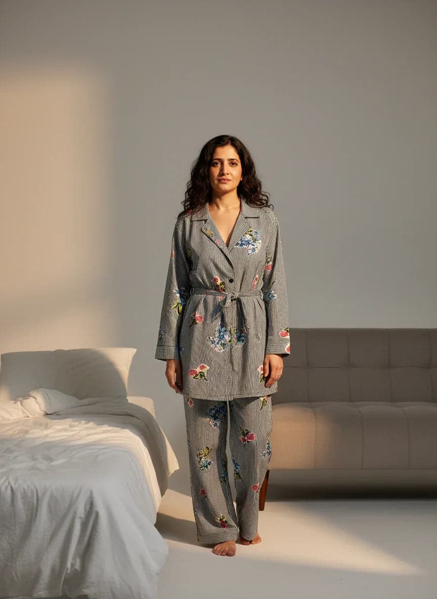 Blue Pure Cotton Lapel Collar Striped Night Suit For Women