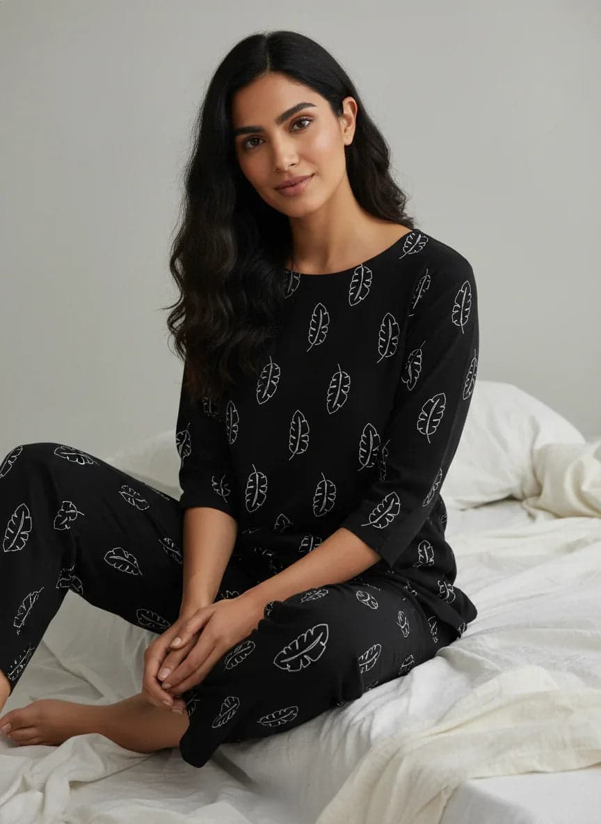 Black Printed Viscose Rayon Round Neck Night Suit For Women