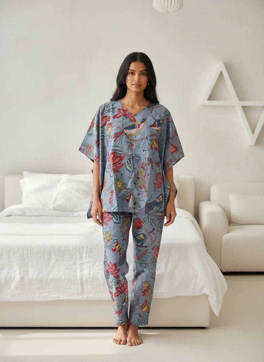 Beige Floral Printed V-Neck Night Suit Set