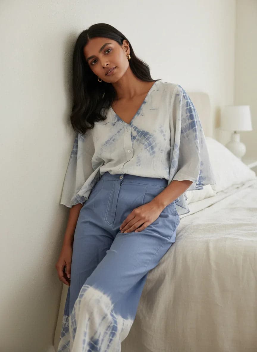 Blue Color Tie And Dye Pure Cotton Night Suit For Women