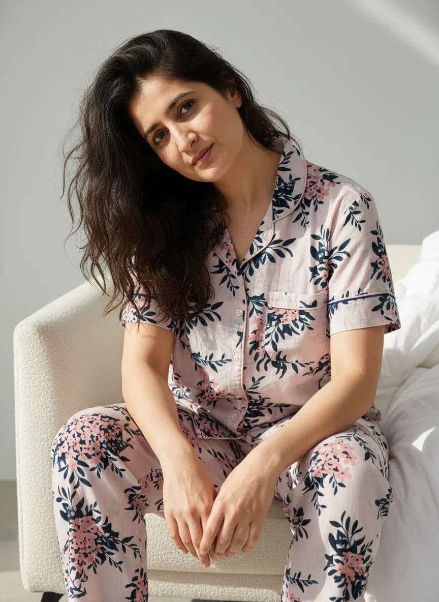 Pink Cotton Printed Night Suit Set With Pajama For Women