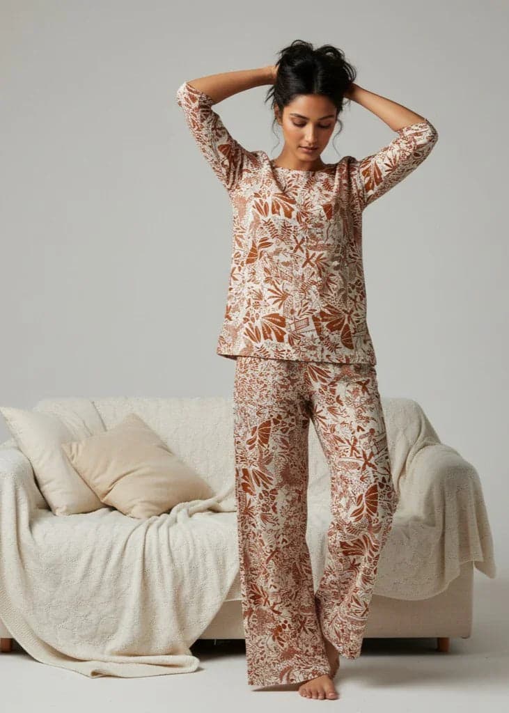 Orange Round Neck Printed Cotton Night Suit Set For Women