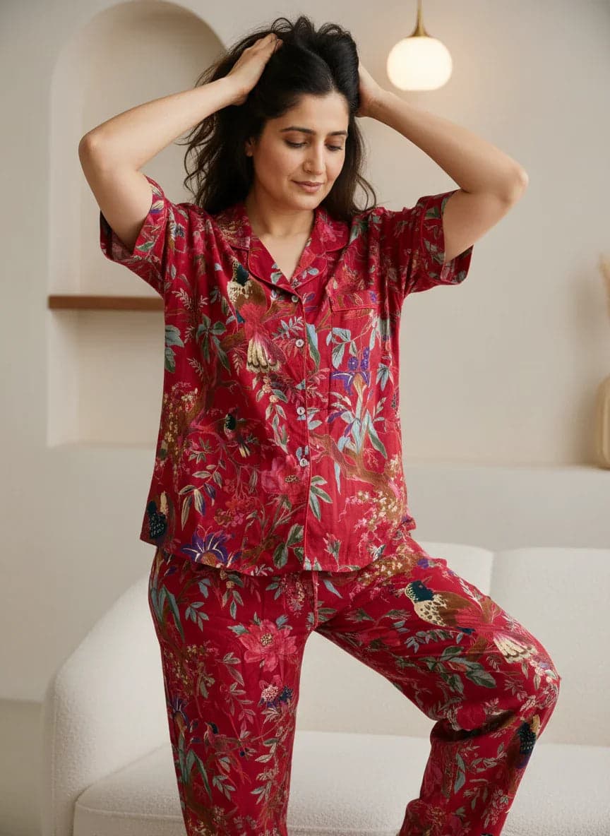 Red Cotton Floral Printed Christmas Night Suit Set For Women