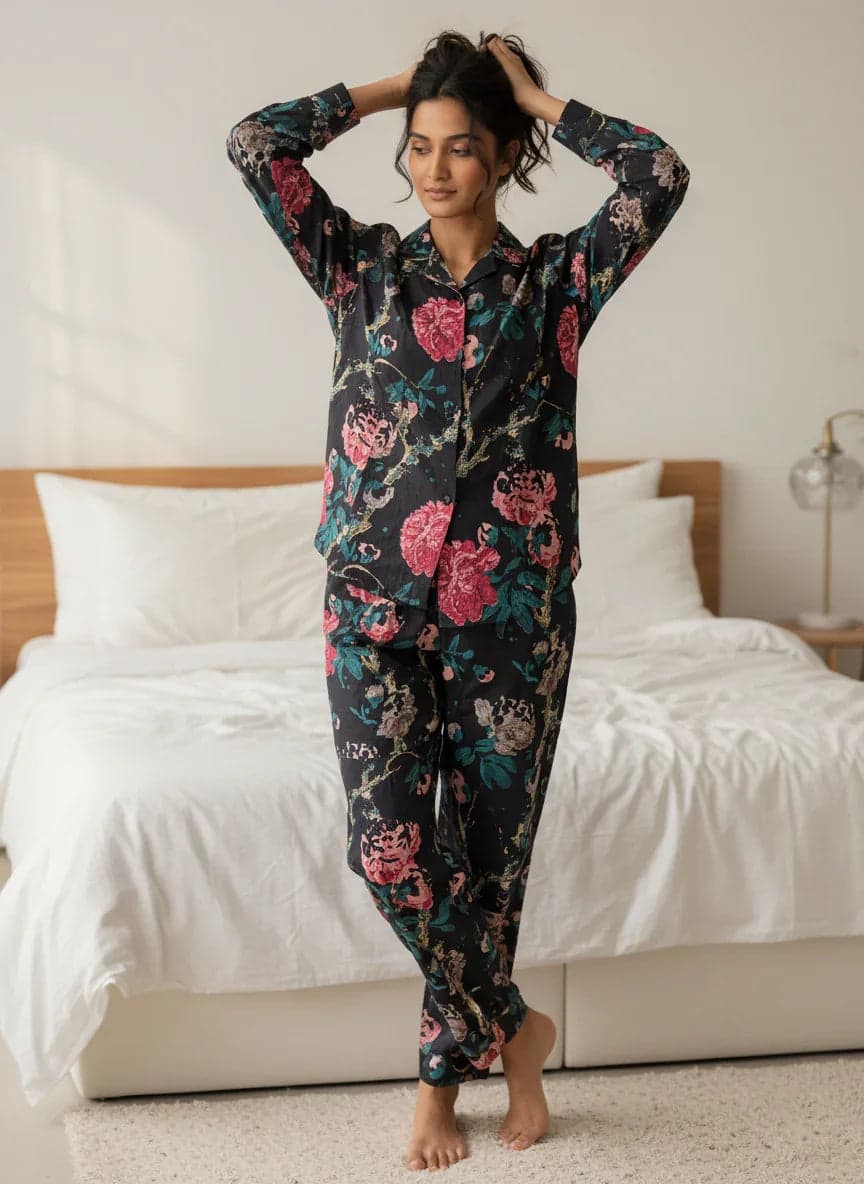 Black Floral Printed Cotton Night Suit Set For Women