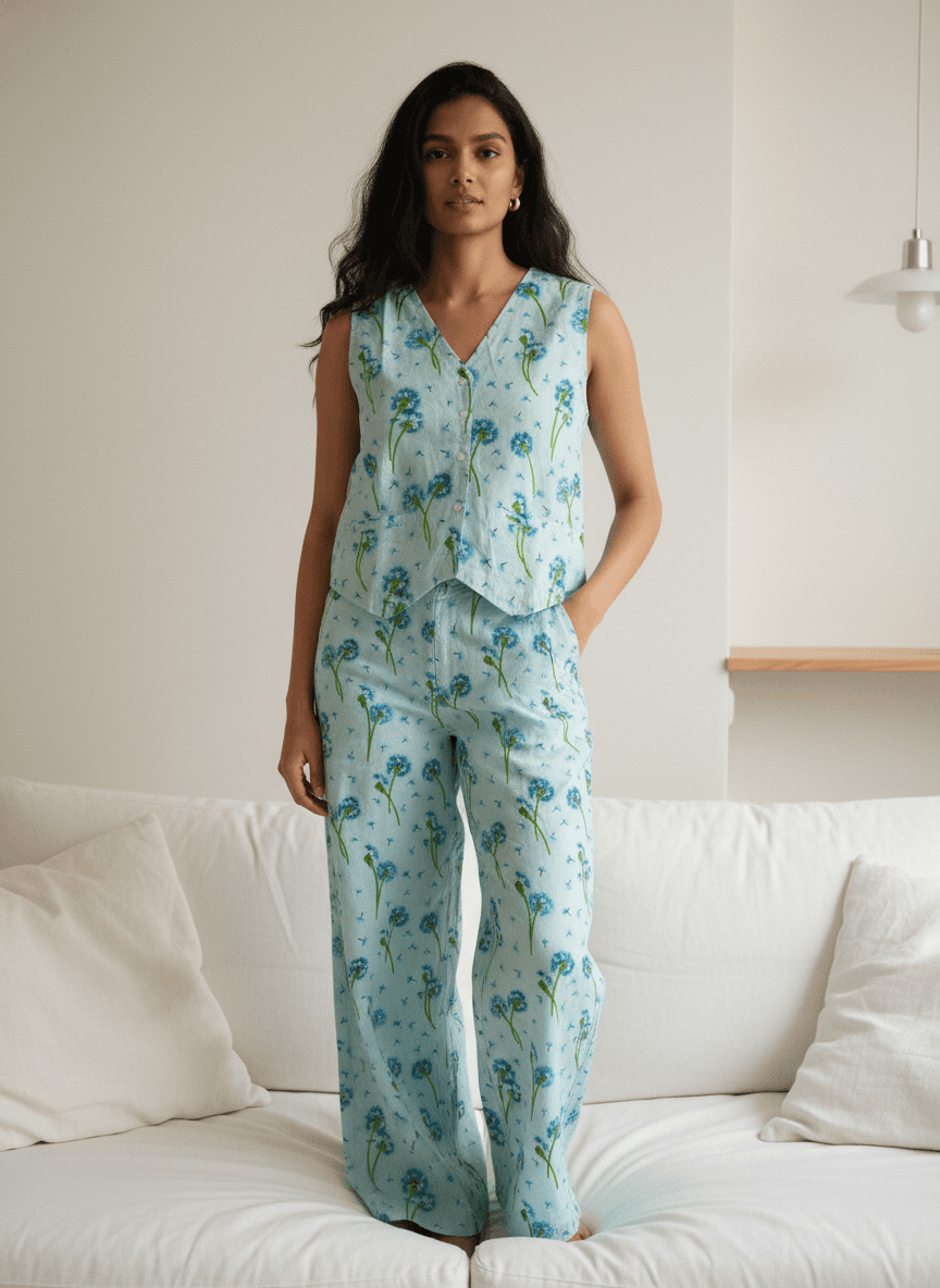 Blue Floral Print V-Neck Pure Cotton Night Suit Set For Women
