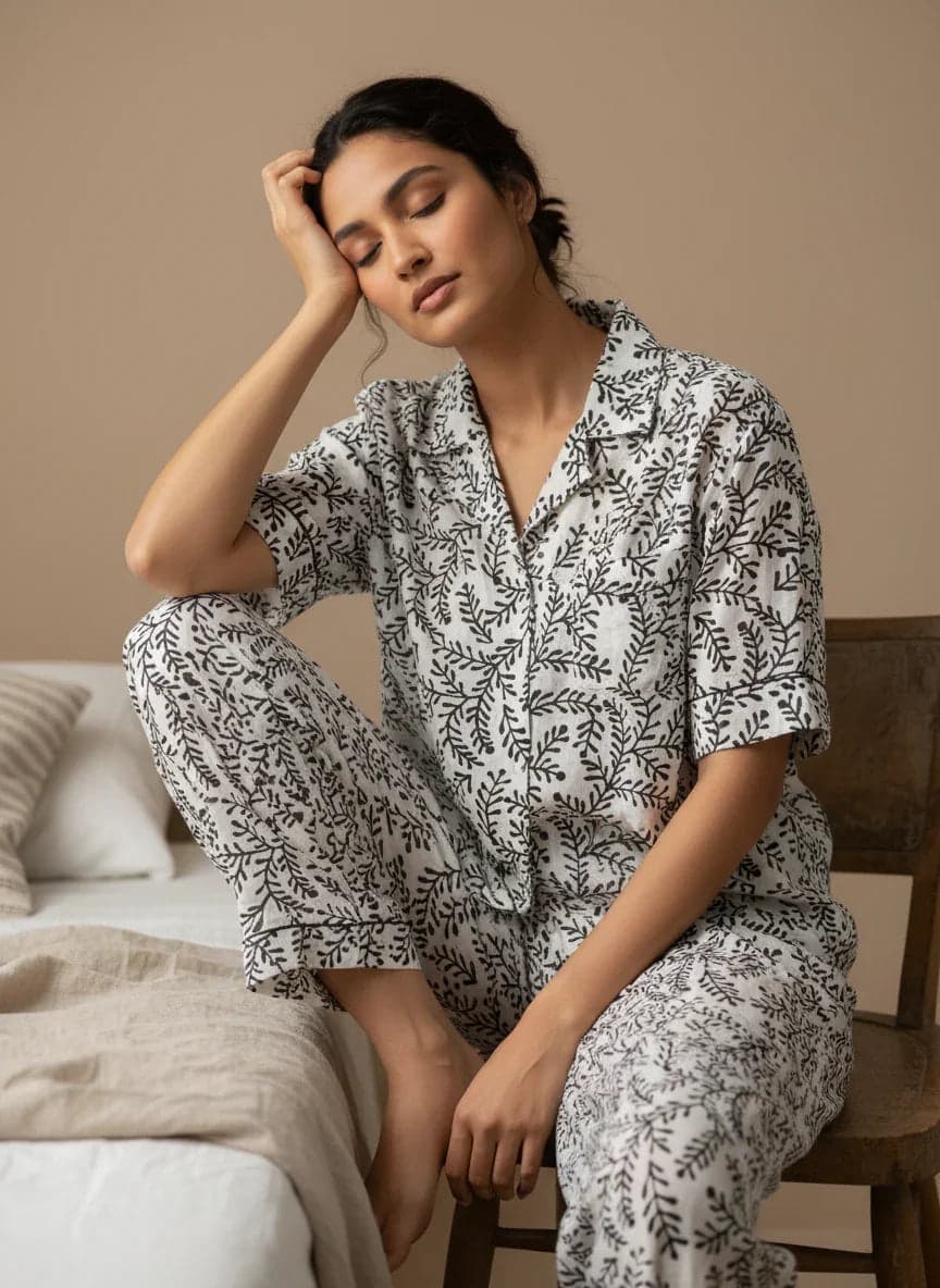 Black & White Shirt Collar Pure Cotton Night Suit Set For Women
