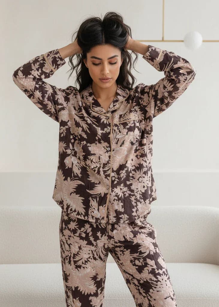 Brown Floral Print Shirt Collar Cotton Night Suit Set For Women