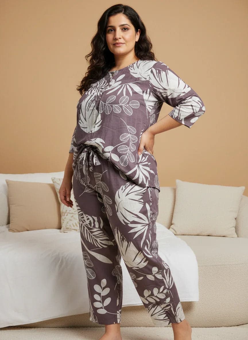 Purple Printed Round Neck Cotton Night Suit Set For Women