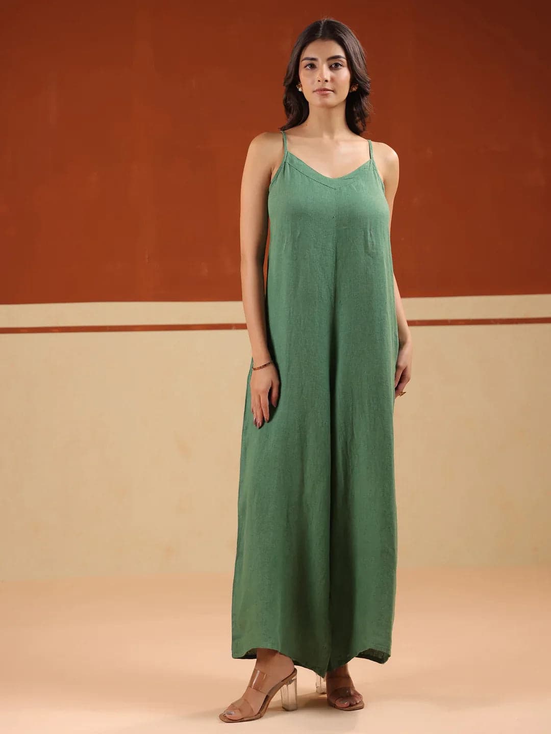 Green Solid Linen V-Neck Jumpsuit For Women