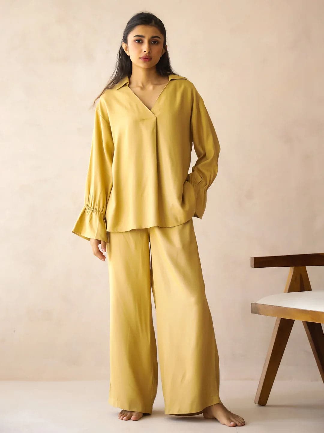 Yellow Solid V-Neck Pure Cotton Co-Ord Set For Women