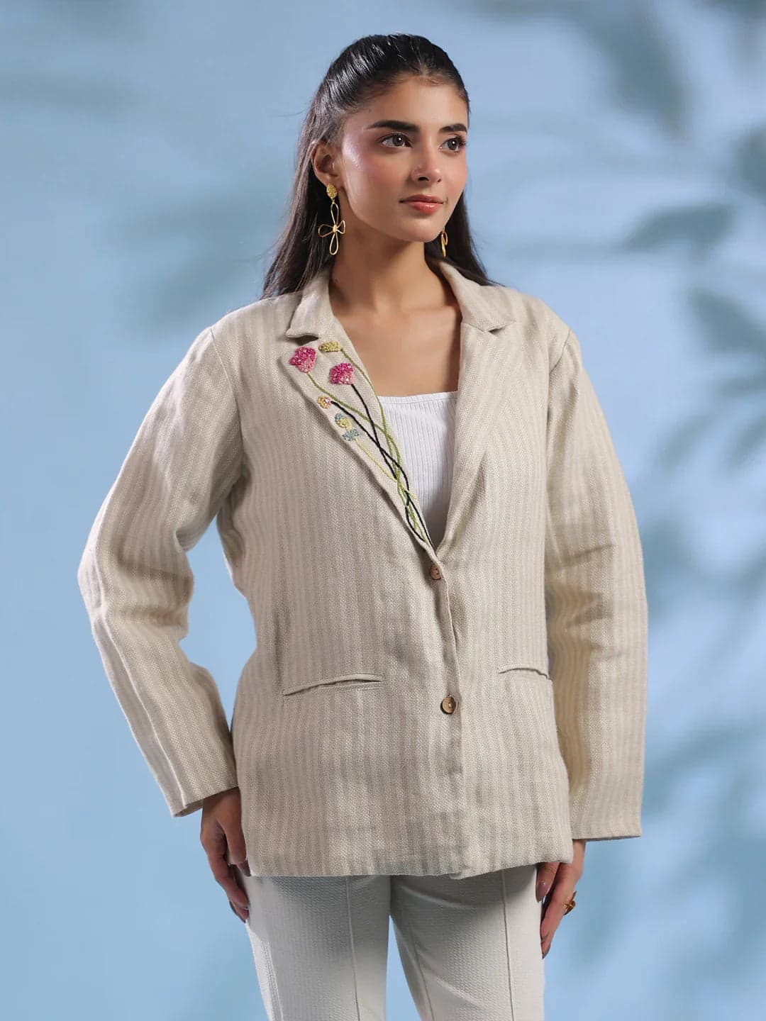Beige Solid Cuban Collar Handloom Jacket Foe Women