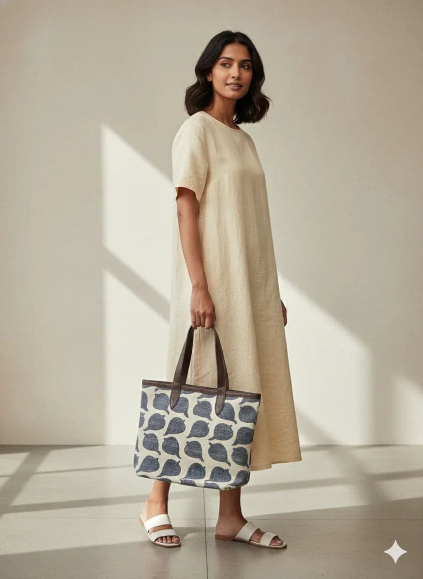 Blue Abstract Print Cotton Tote Bag For Women