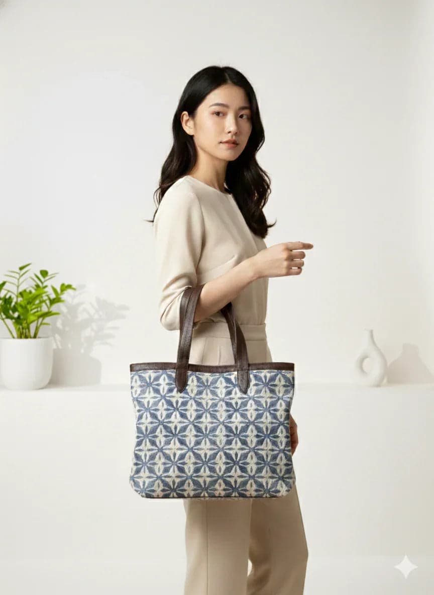 Blue Geometric Floral Print Cotton Tote Bag For Women