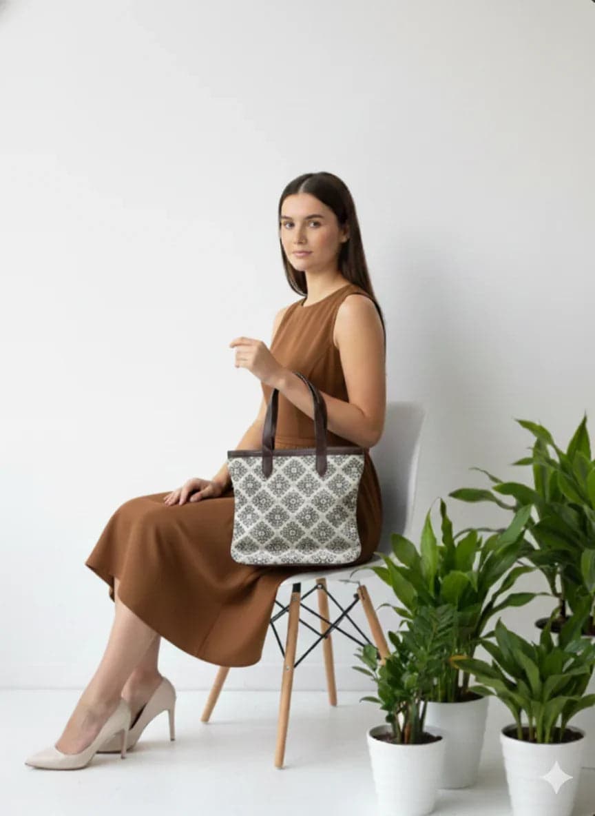 Beige Floral Print Cotton Tote Bag For Women