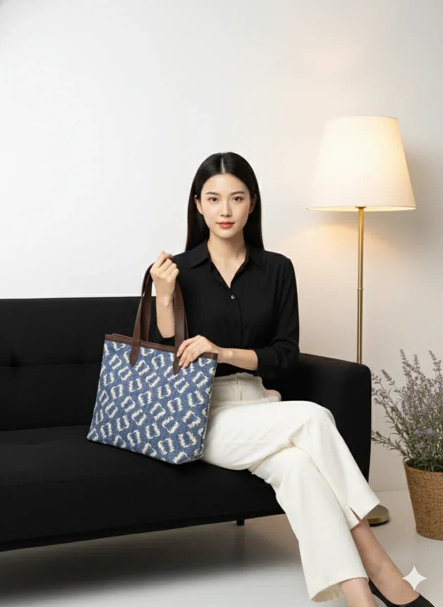 Blue Geometric Print With Brown Handle Cotton Tote Bag For Women